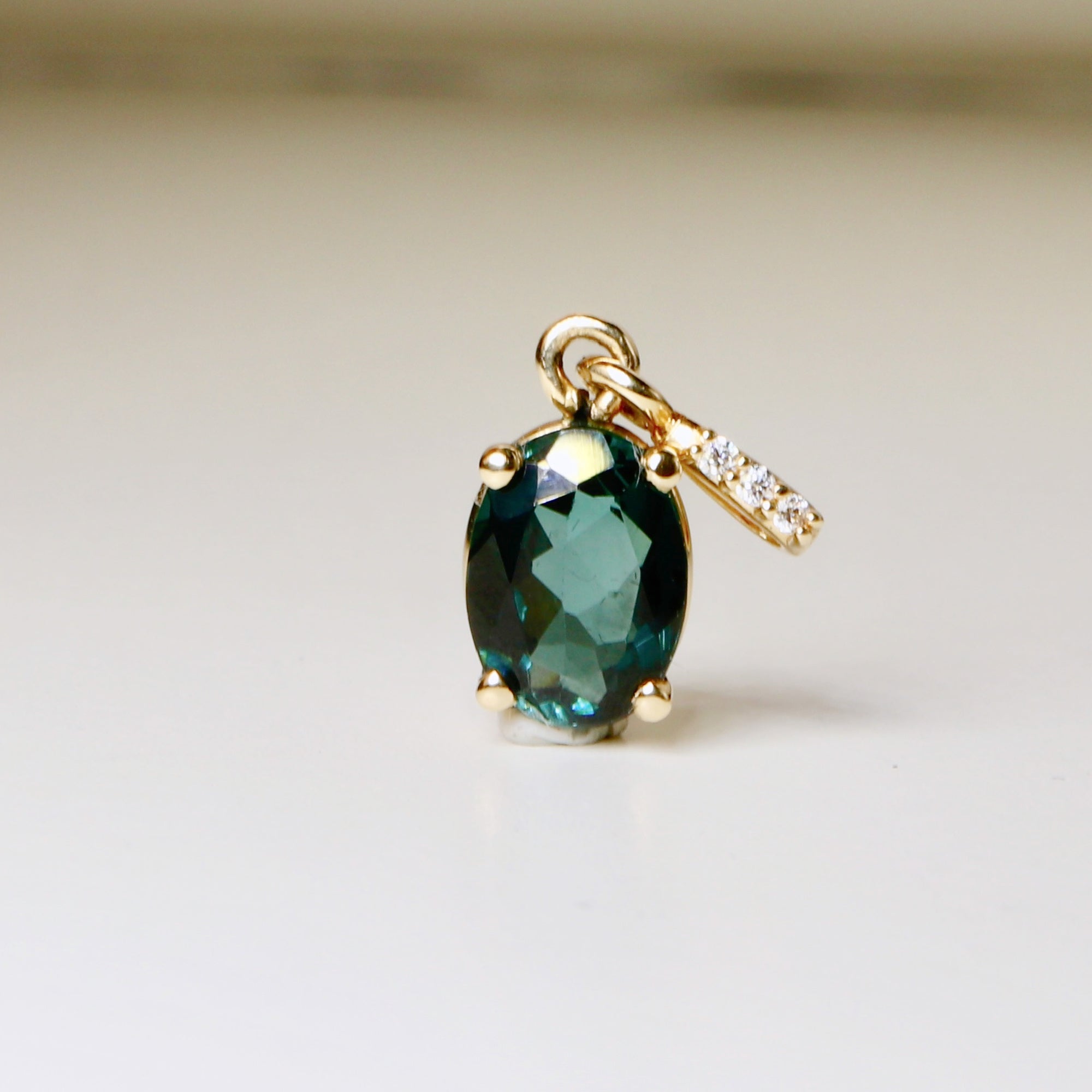 Green Tourmaline Necklace 14k Solid Gold with Diamond Bail