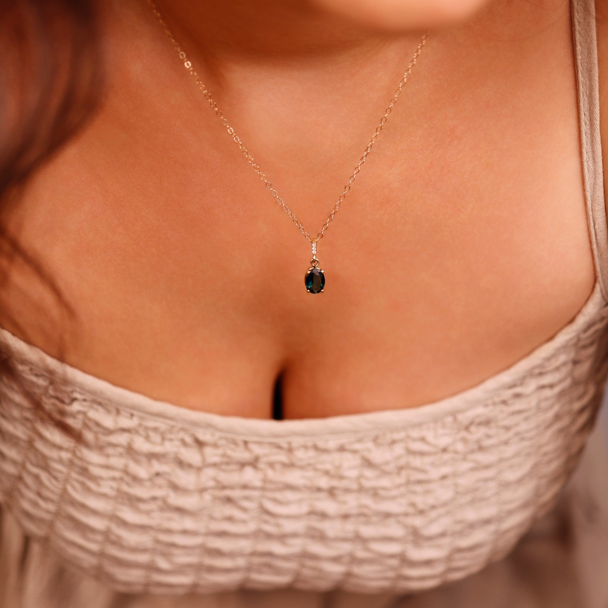 Green Tourmaline Necklace 14k Solid Gold with Diamond Bail