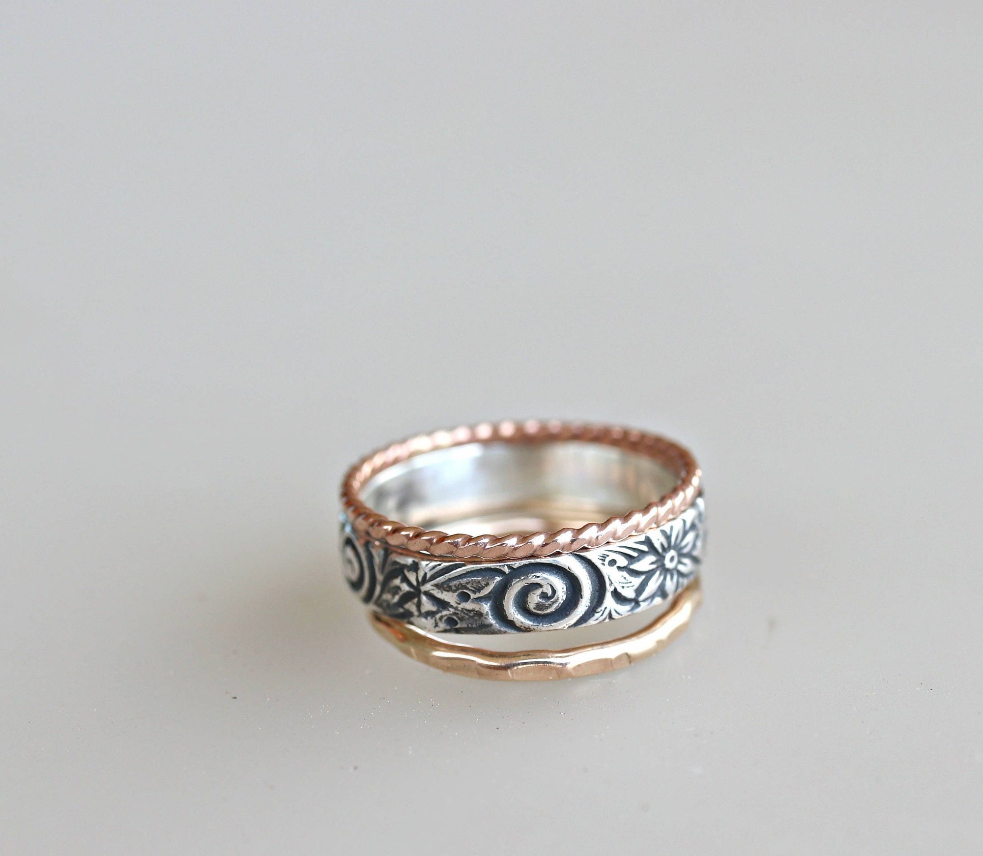 Set Of 3 Stacking Rings, Sterling Silver Spiral and Flower Wedding Band