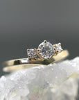 Three Stone Diamond Engagement Ring 14k Gold, Chevron Stacking Bridal Ring, Curved Dainty Wedding Band