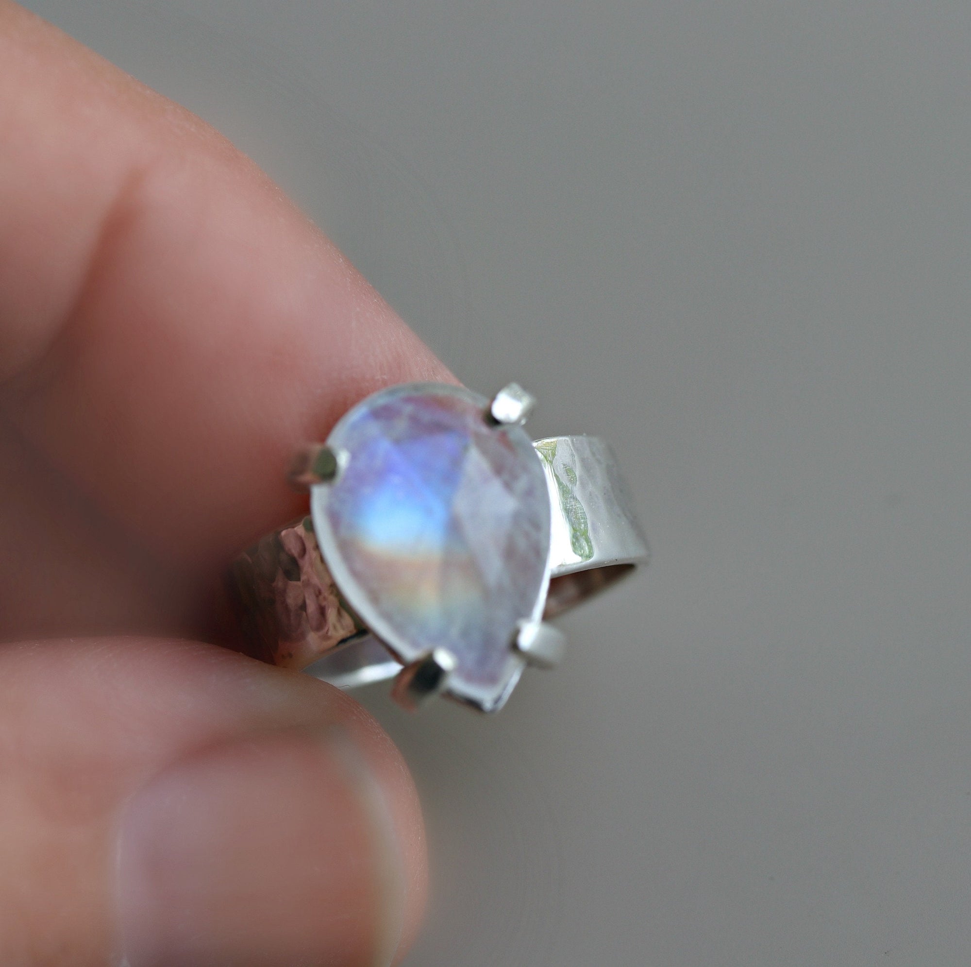 Rainbow Moonstone Ring, Wide Hammered Silver Band with June Birthstone