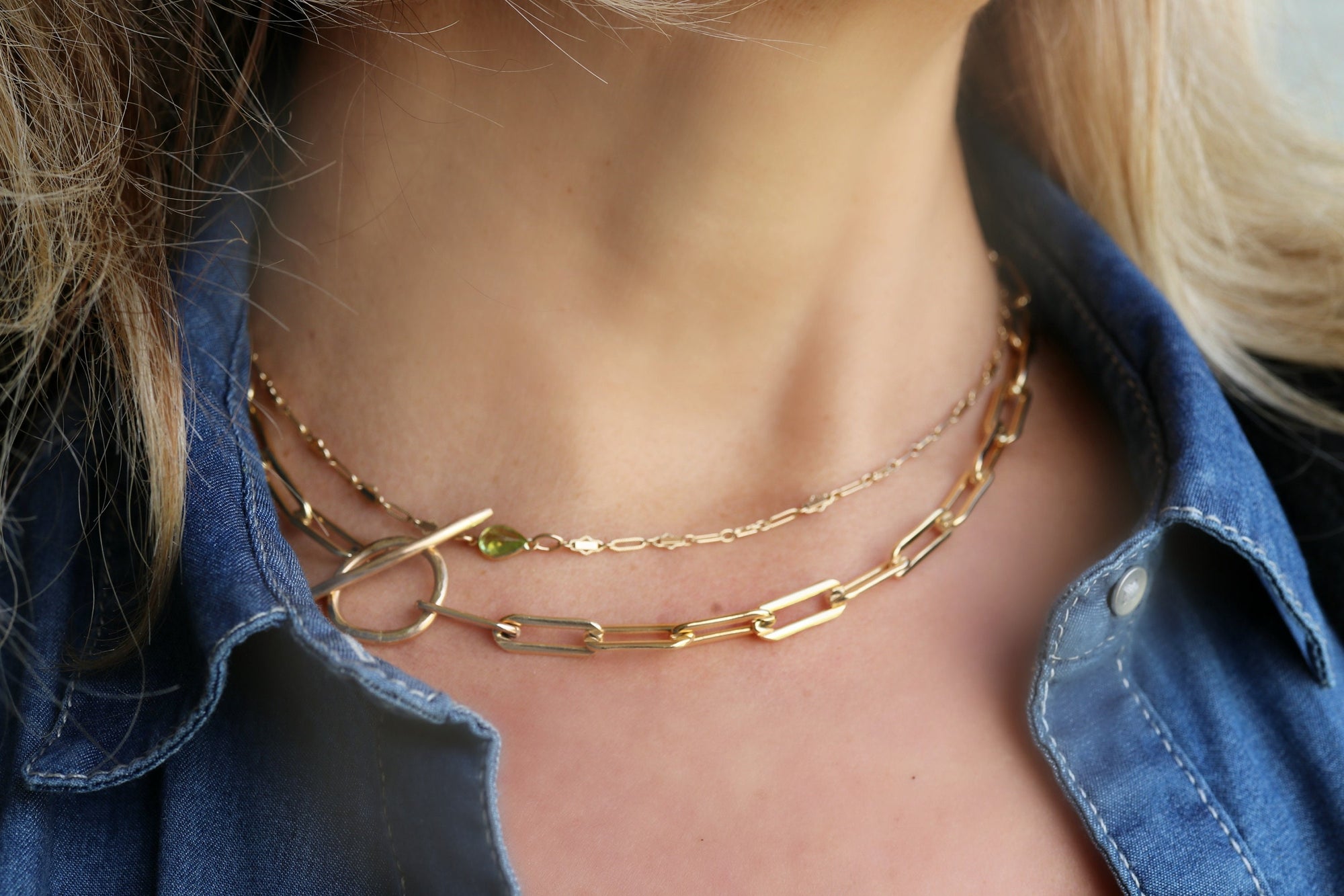 Gold Chunky Elongated Rectangle Chain Necklace, Toggle Layering Necklace