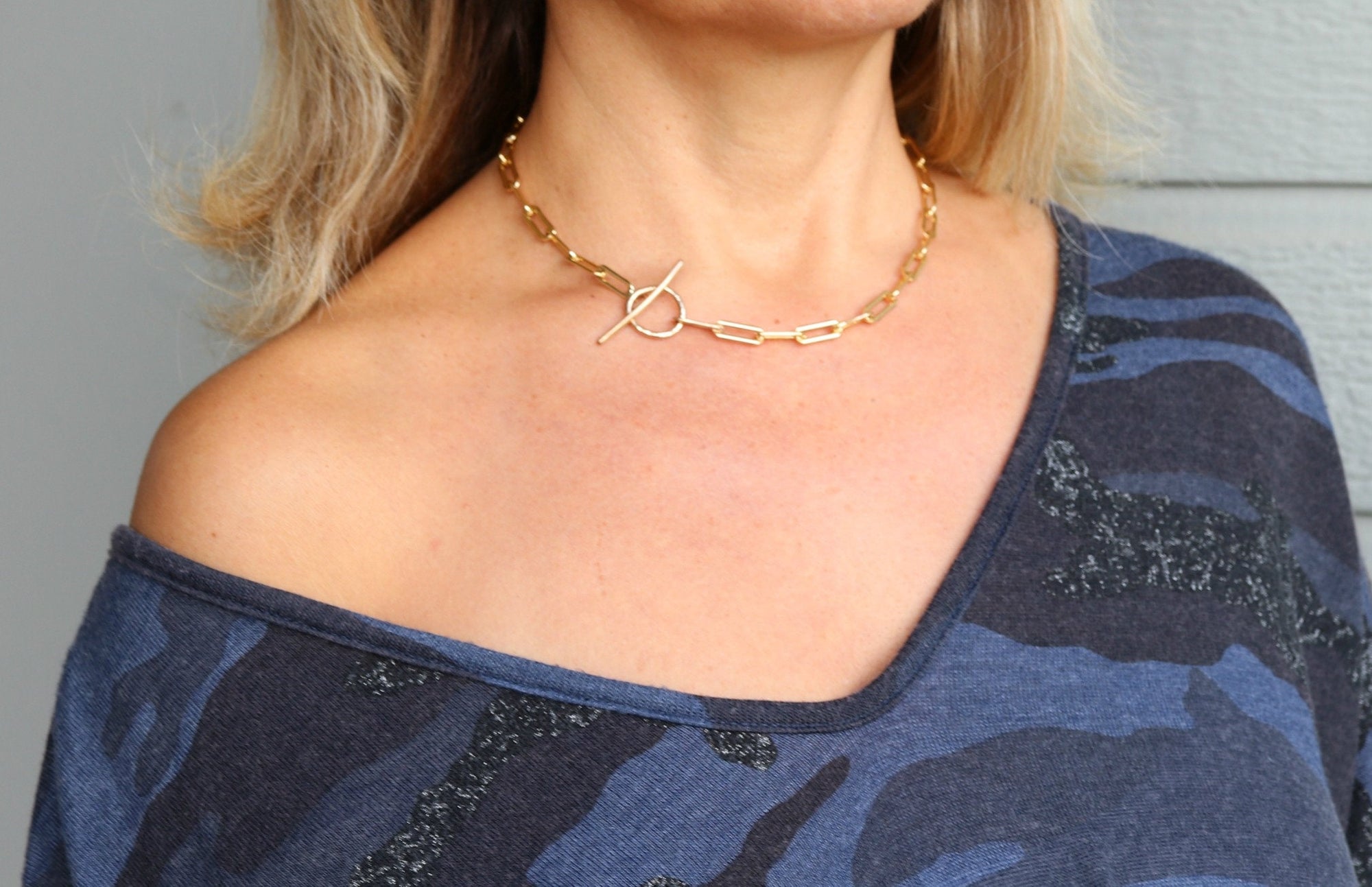 Gold Chunky Elongated Rectangle Chain Necklace, Toggle Layering Necklace