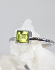 Princess Cut (Square) Peridot Ring 14k White Gold Bezel Setting