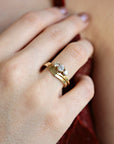 Three Stone Diamond Engagement Ring 14k Gold, Chevron Stacking Bridal Ring, Curved Dainty Wedding Band