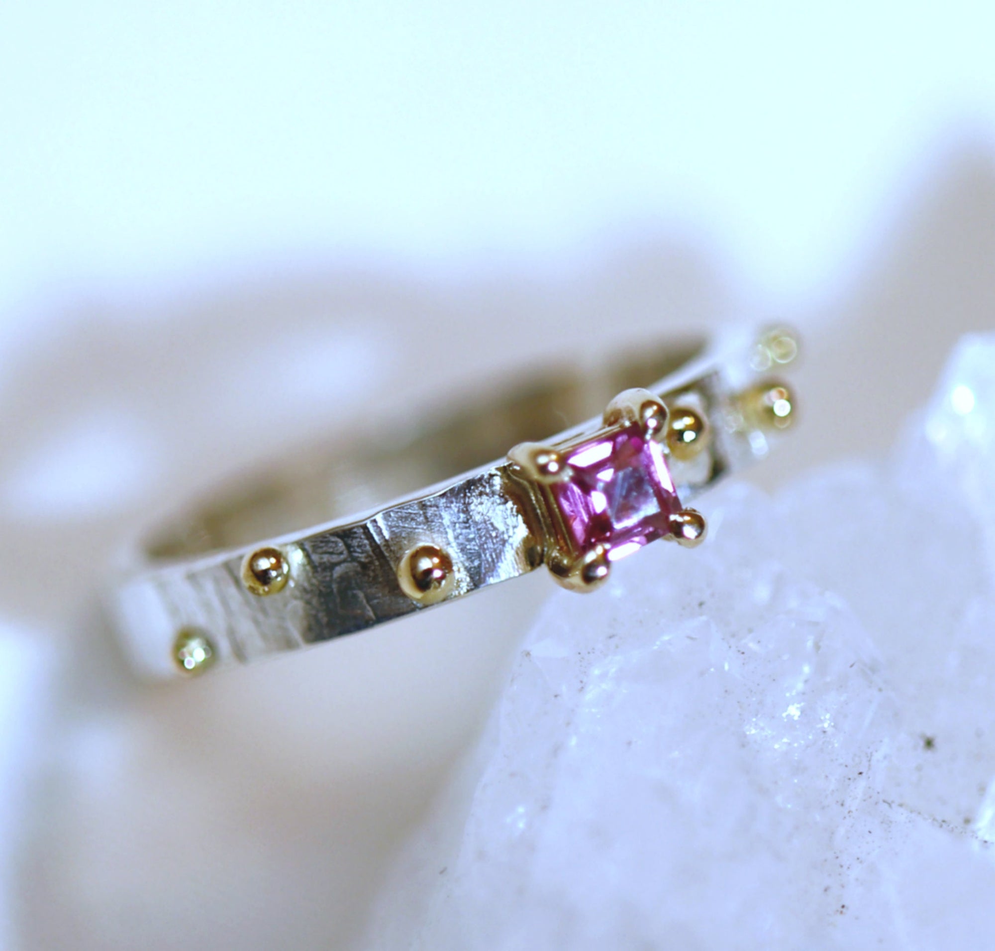 Textured Silver Band and Gold Granule Accents, Pink Tourmaline Ring