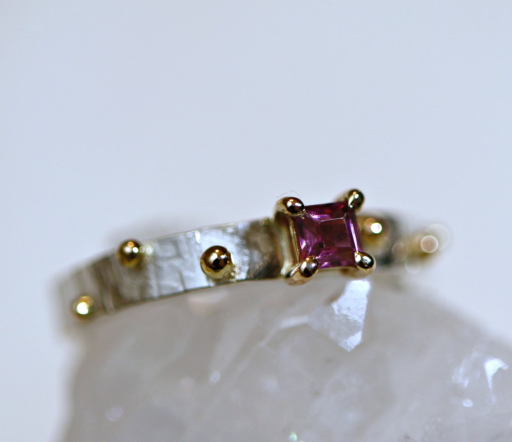 Textured Silver Band and Gold Granule Accents, Pink Tourmaline Ring