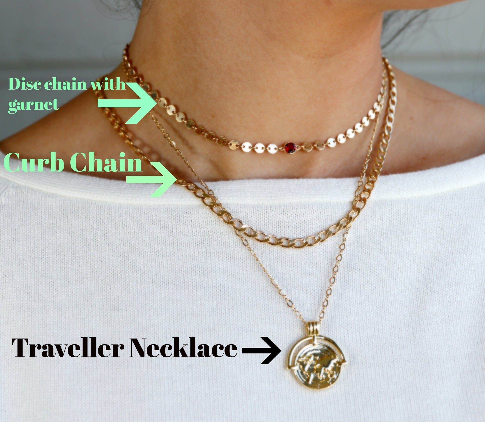 Gold Coin Chain Garnet Necklace, Garnet Choker