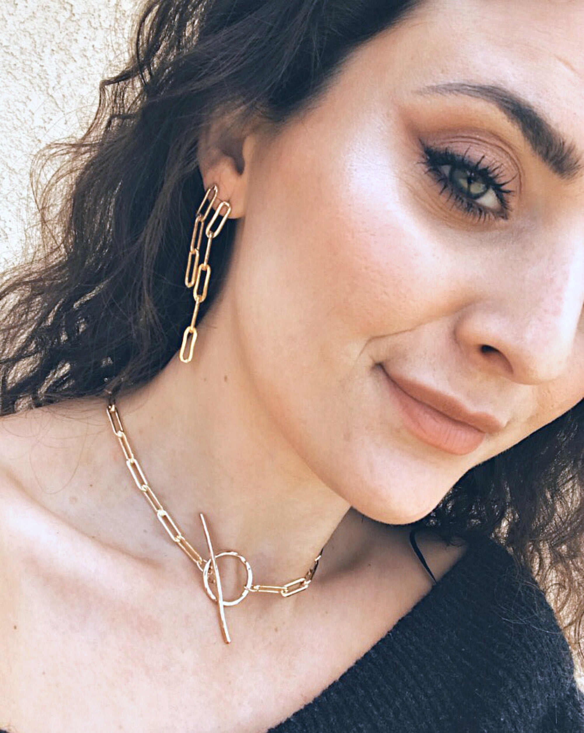 Gold Chunky Elongated Rectangle Chain Necklace, Toggle Layering Necklace
