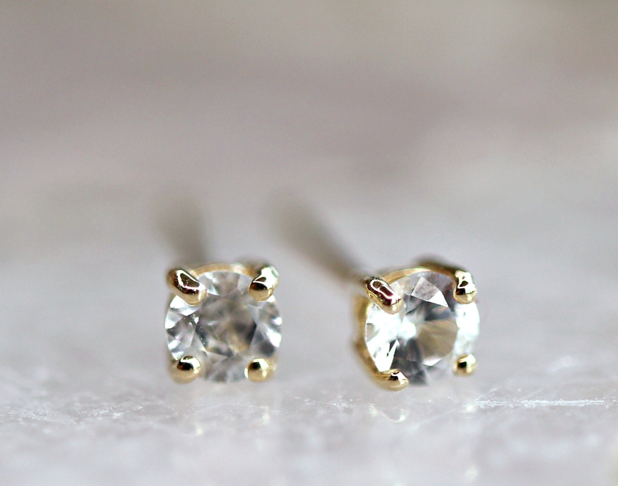 14k Gold White Sapphire Earrings, Minimalist Earrings, White Sapphire Bridal Earrings