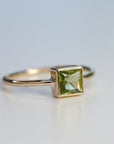 Princess Cut (Square) Peridot Ring 14k White Gold Bezel Setting