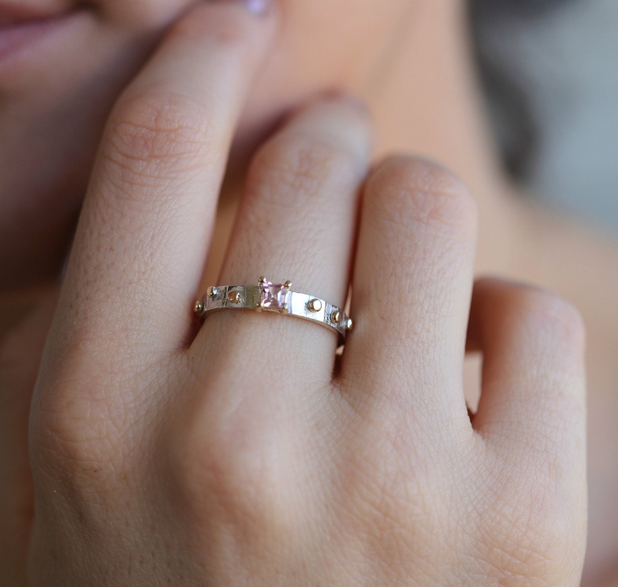 Textured Silver Band and Gold Granule Accents, Pink Tourmaline Ring