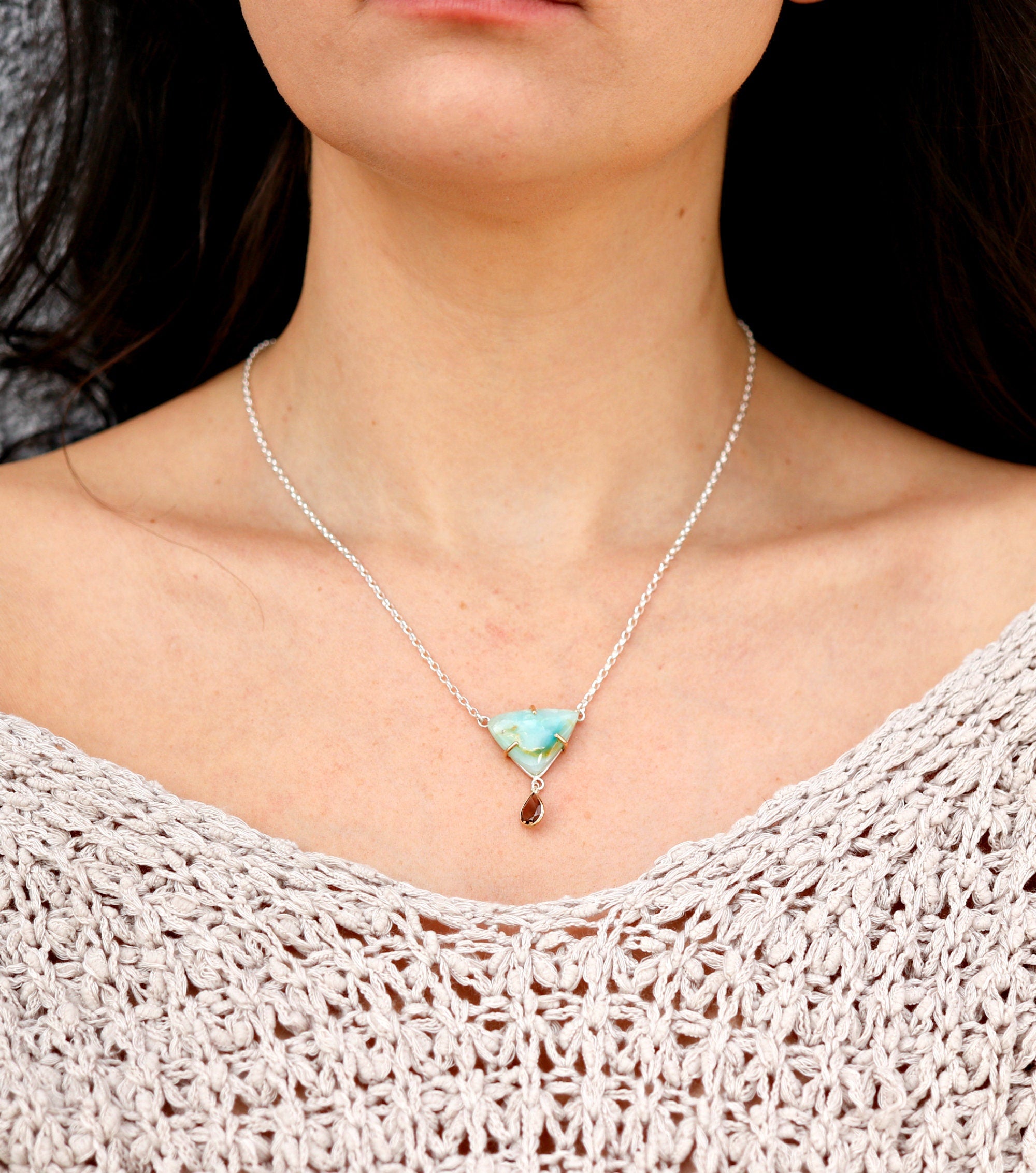 14k Gold Genuine Opal Necklace, Smokey Quartz & Peruvian Opal Pendant