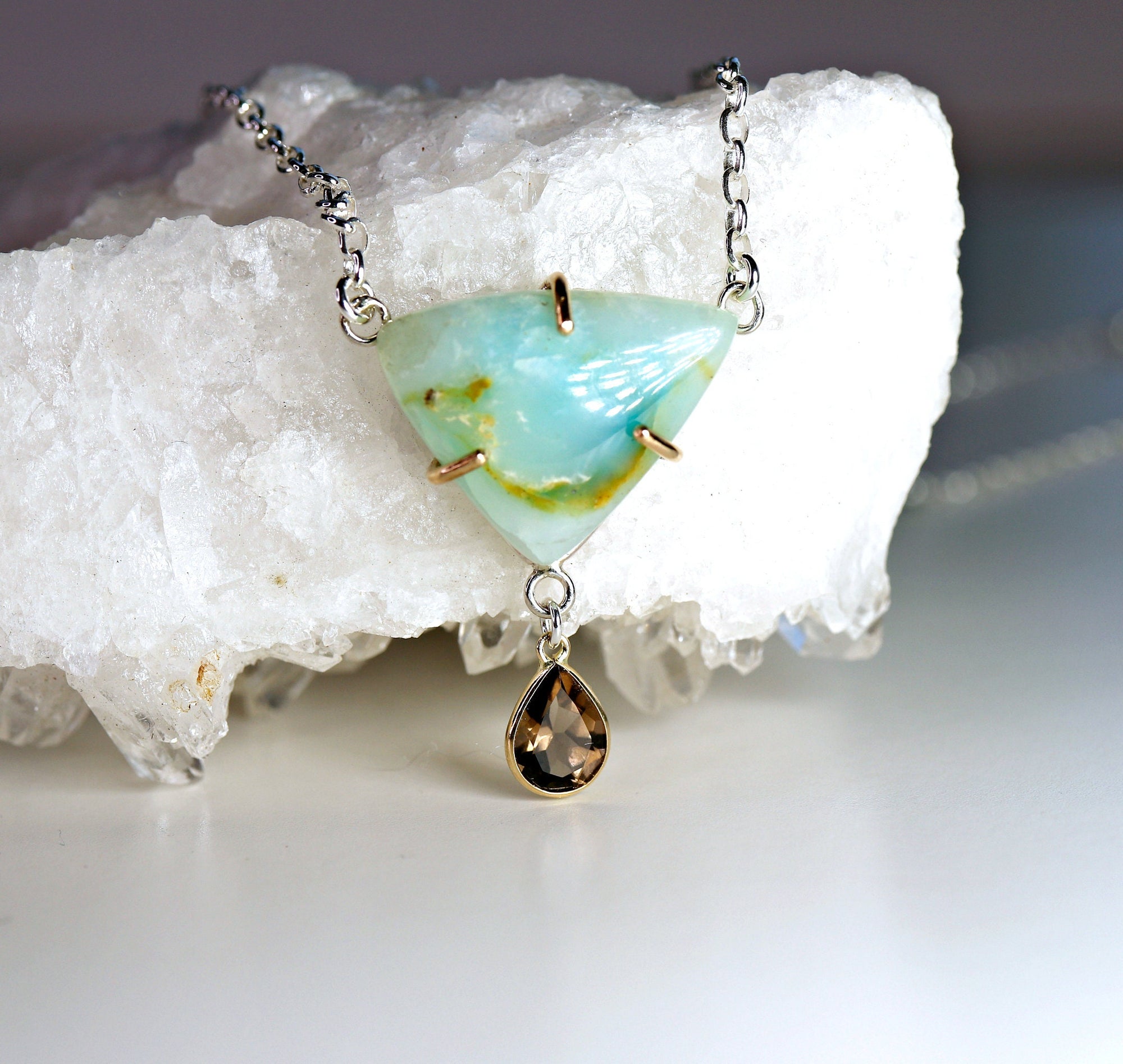 14k Gold Genuine Opal Necklace, Smokey Quartz & Peruvian Opal Pendant