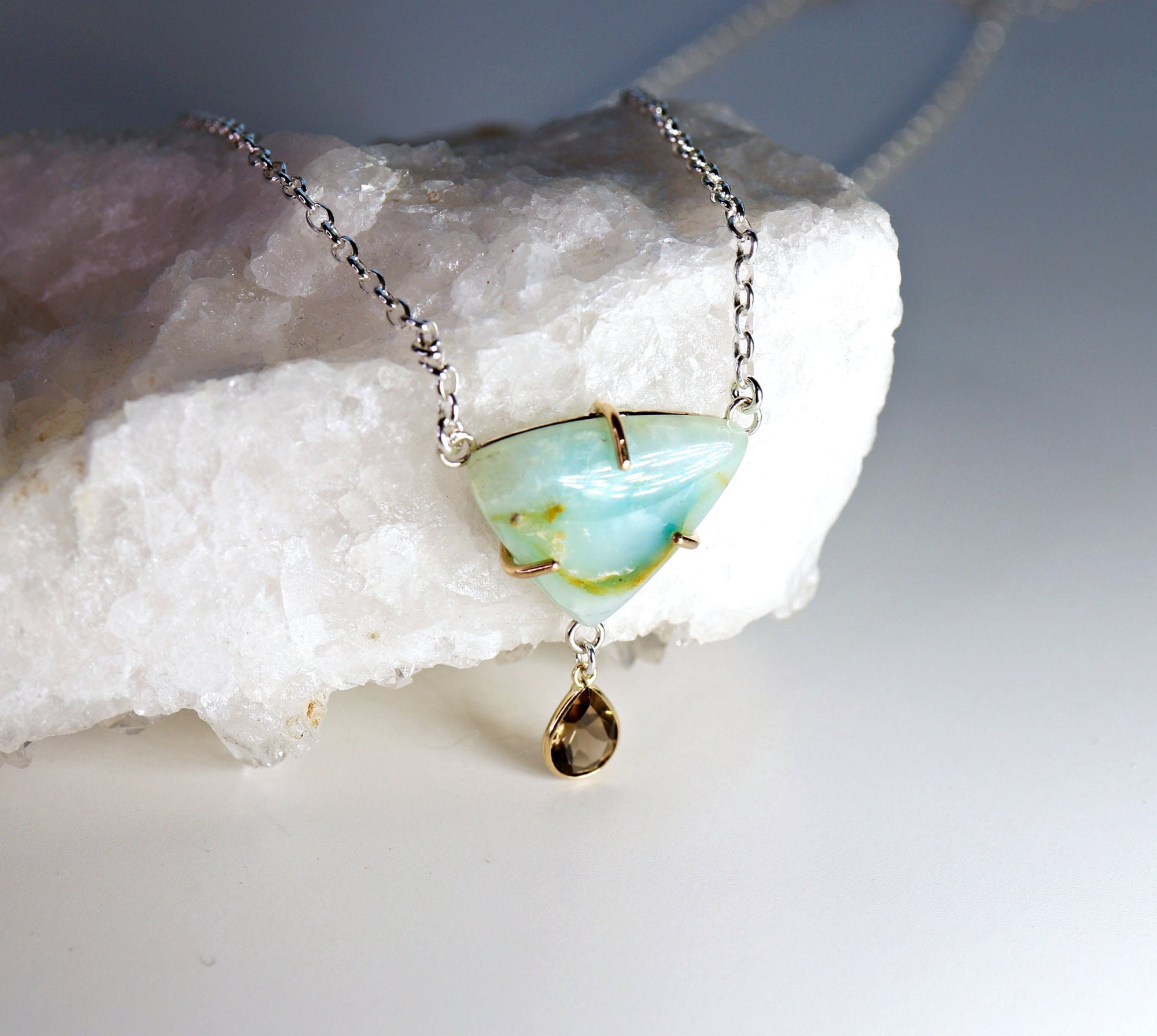14k Gold Genuine Opal Necklace, Smokey Quartz & Peruvian Opal Pendant