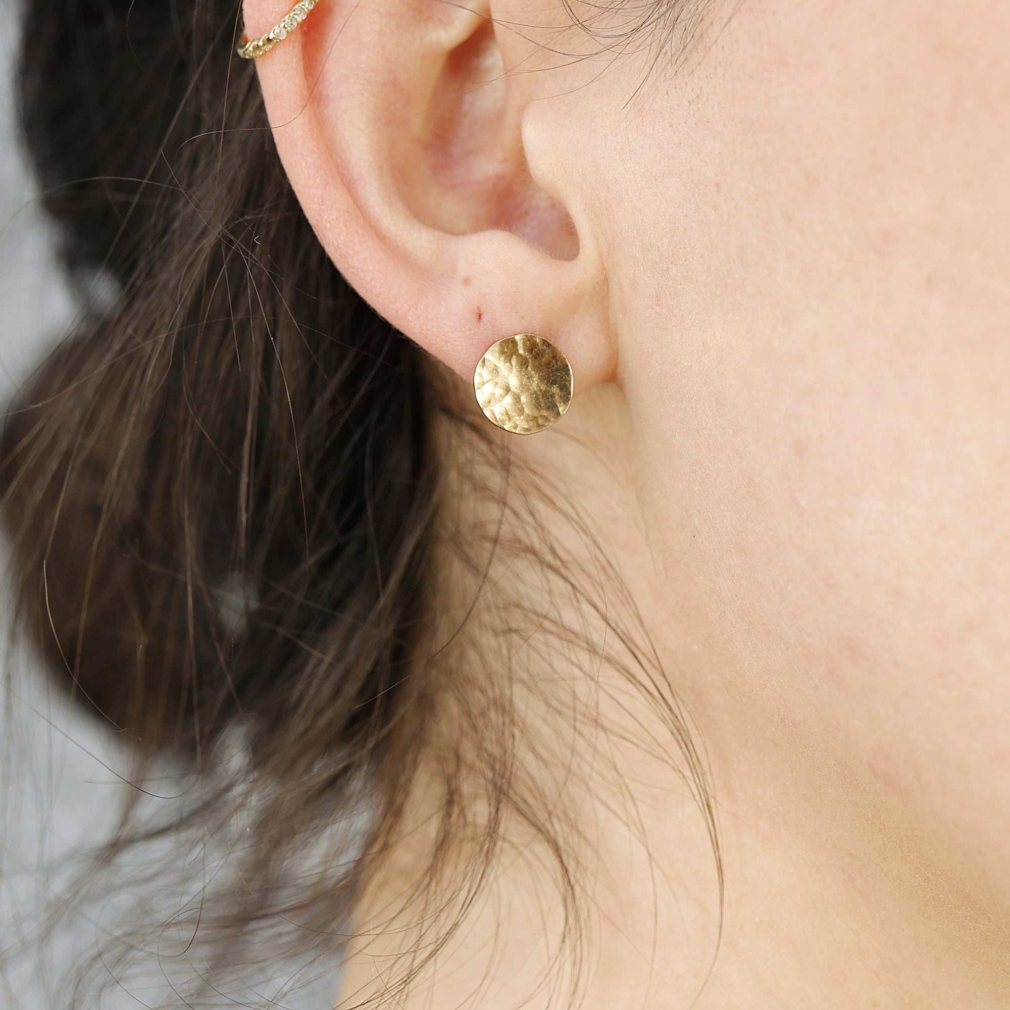 Gold Circle Earrings Medium size Hammered Gold Disc Stud
