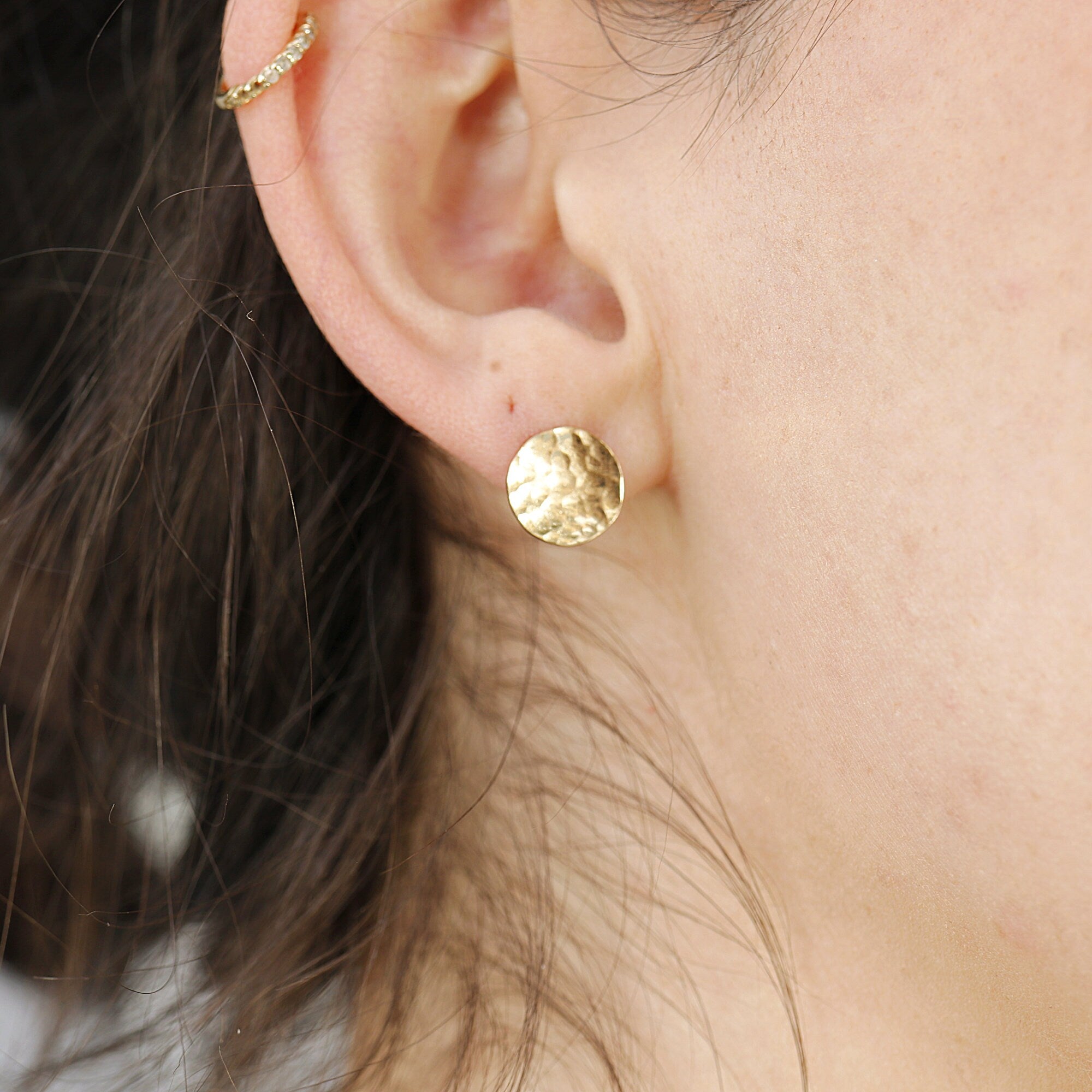 Gold Circle Earrings Medium size Hammered Gold Disc Stud