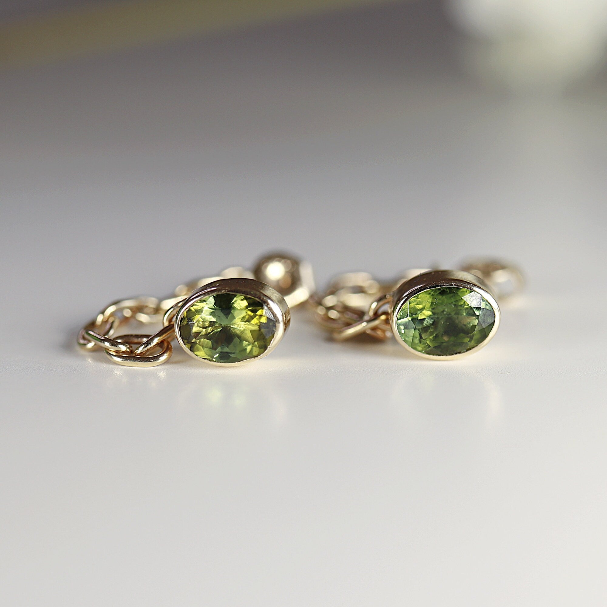 14k Solid Gold Green Tourmaline Chain Earrings