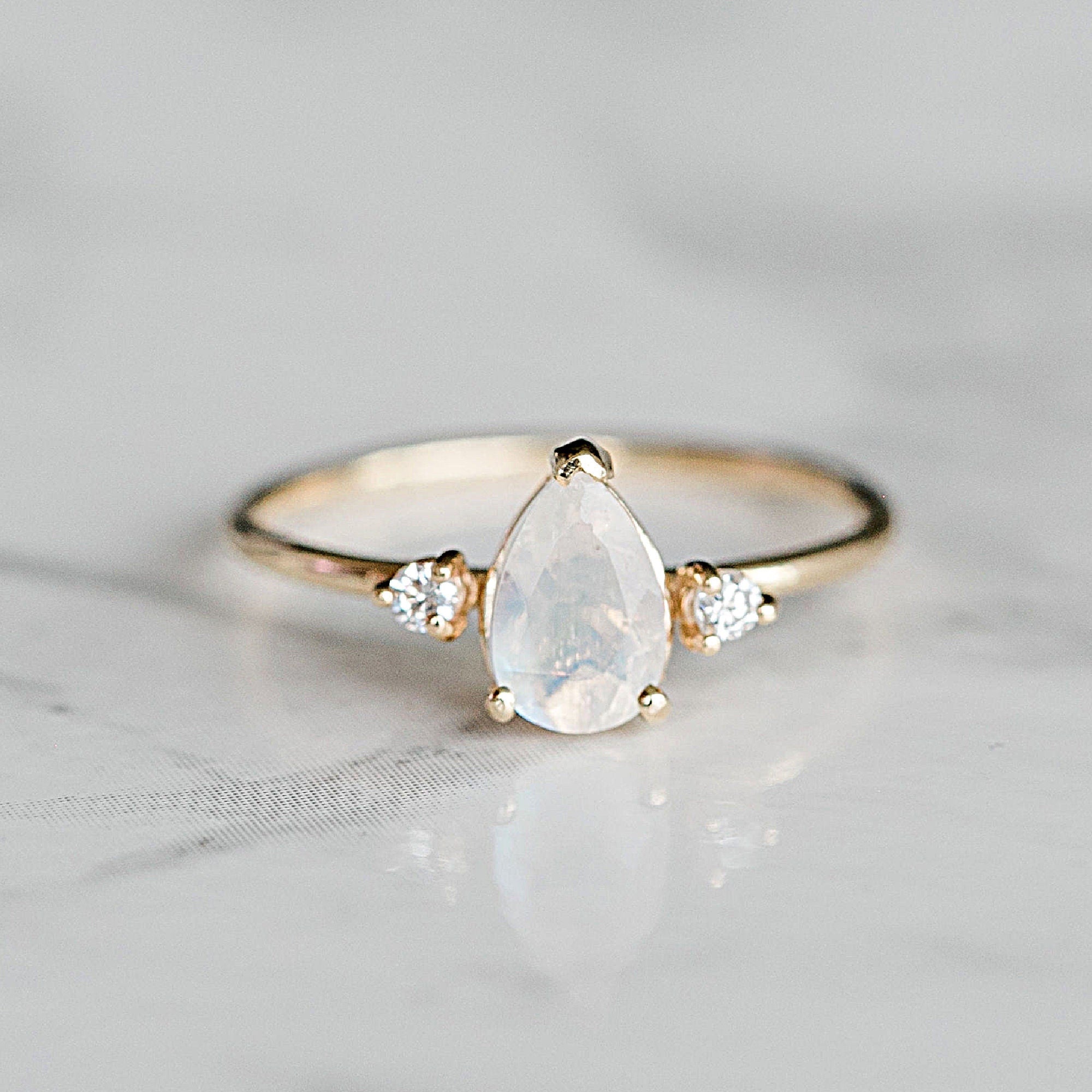 Pear Moonstone Ring with Diamonds