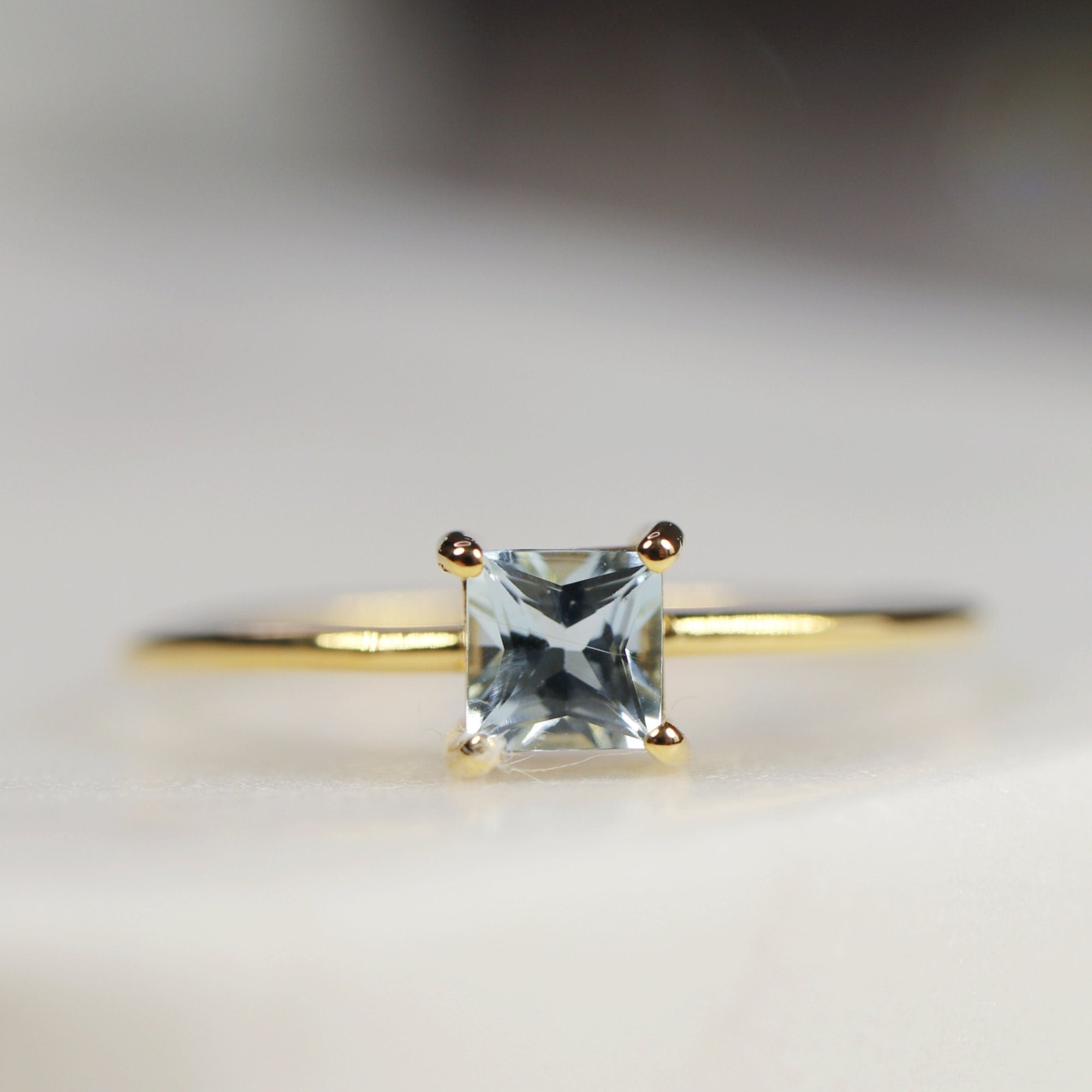 14k Gold Square Princess Aquamarine Ring