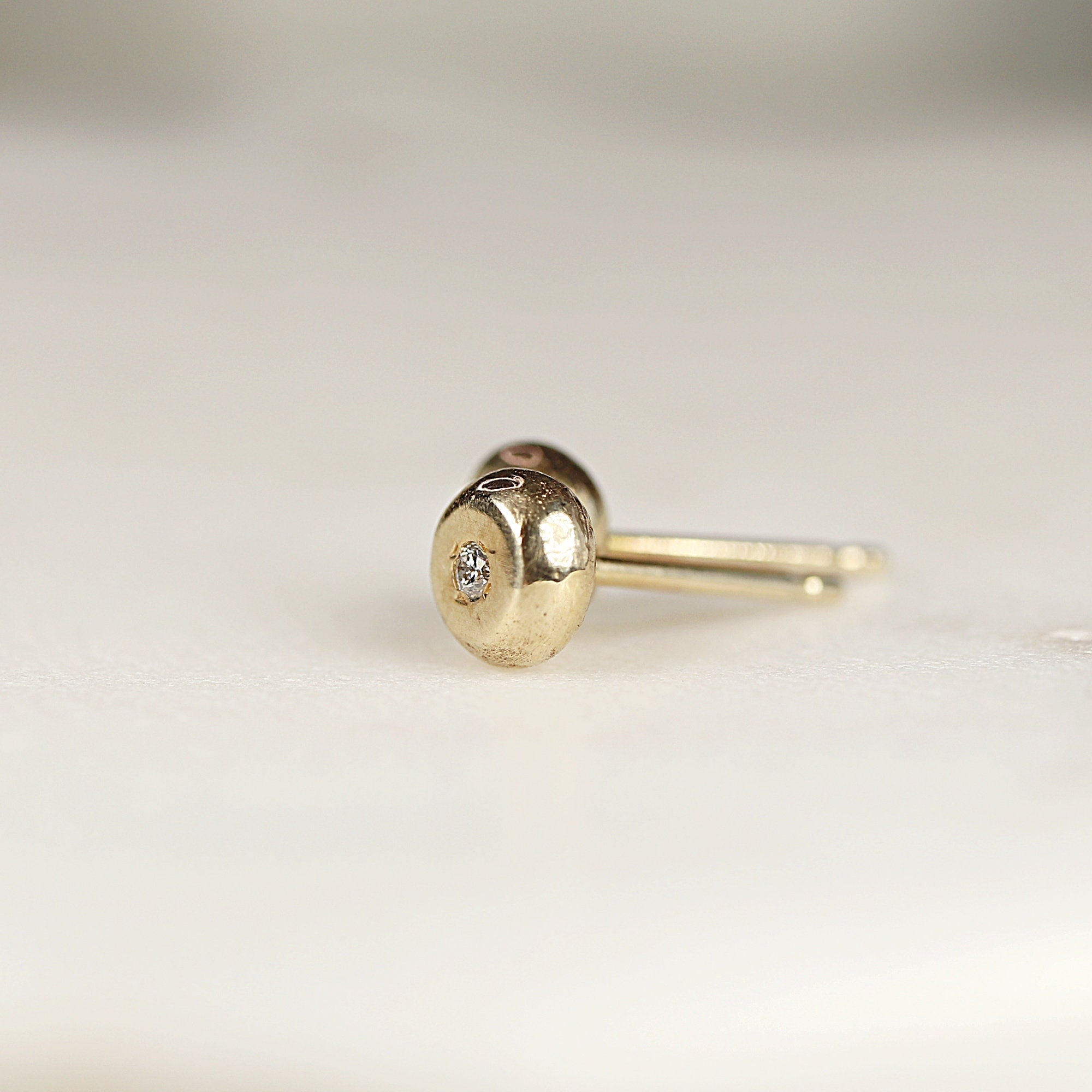 Rustic Diamond Pebble Stud Earrings 14k Solid Gold