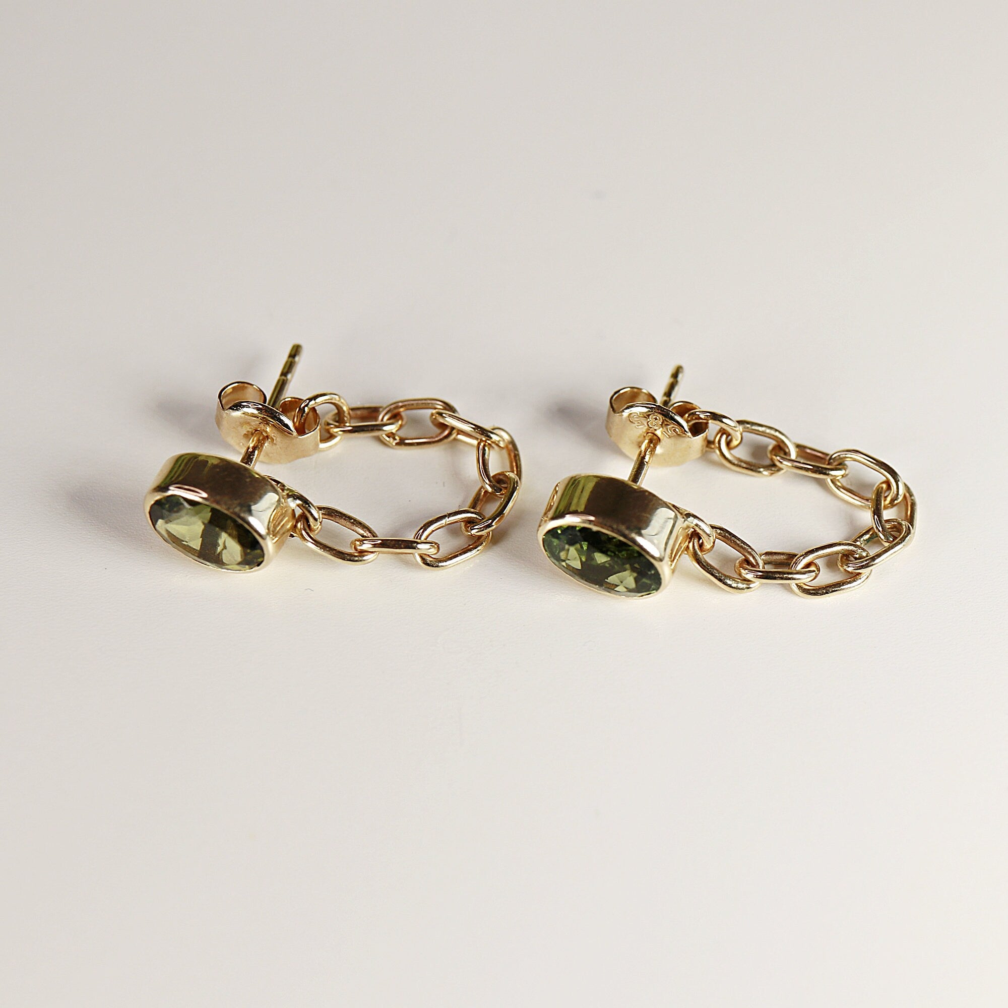 14k Solid Gold Green Tourmaline Chain Earrings