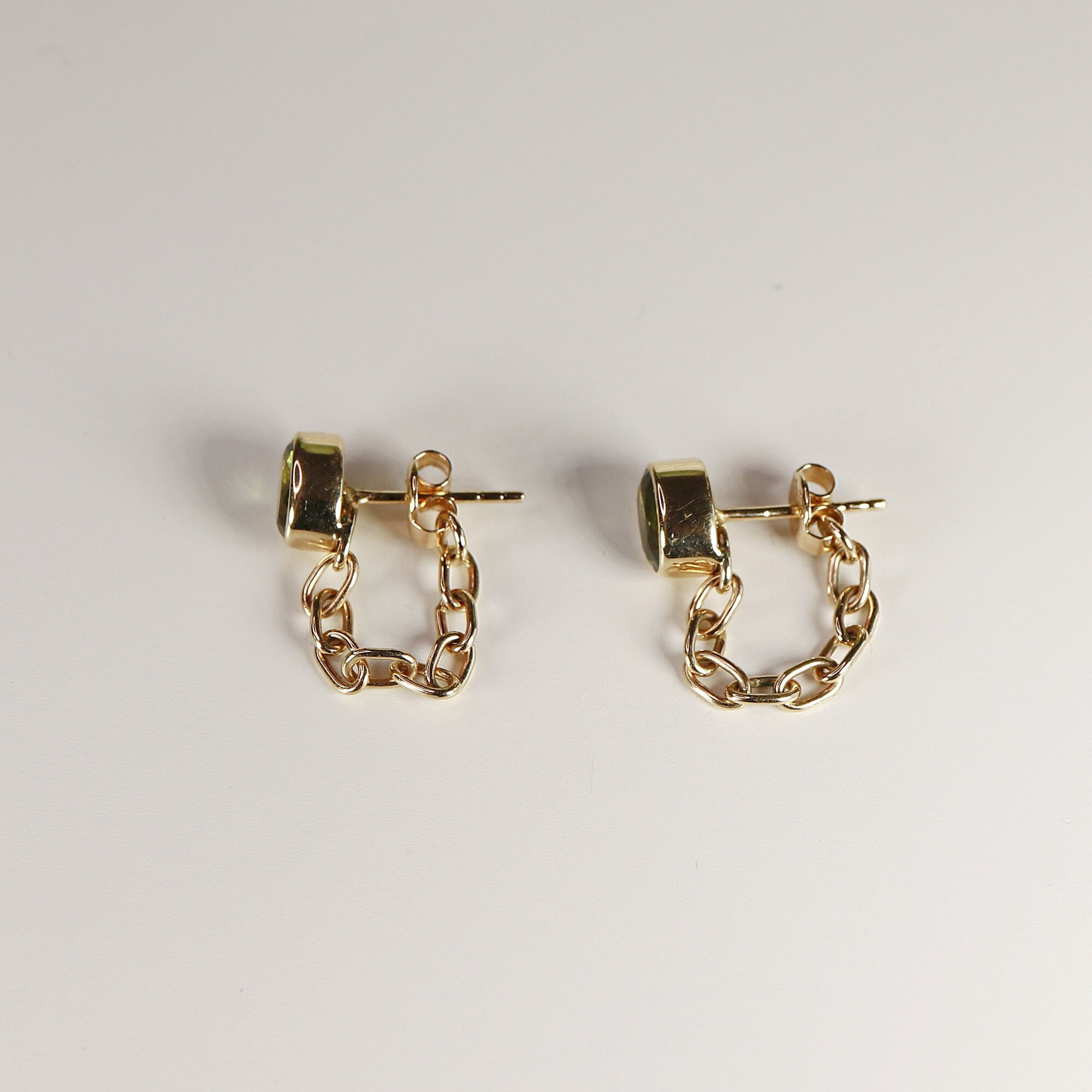 14k Solid Gold Green Tourmaline Chain Earrings