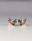 Pink Tourmaline & Green Tourmaline Earrings 14k Solid Gold