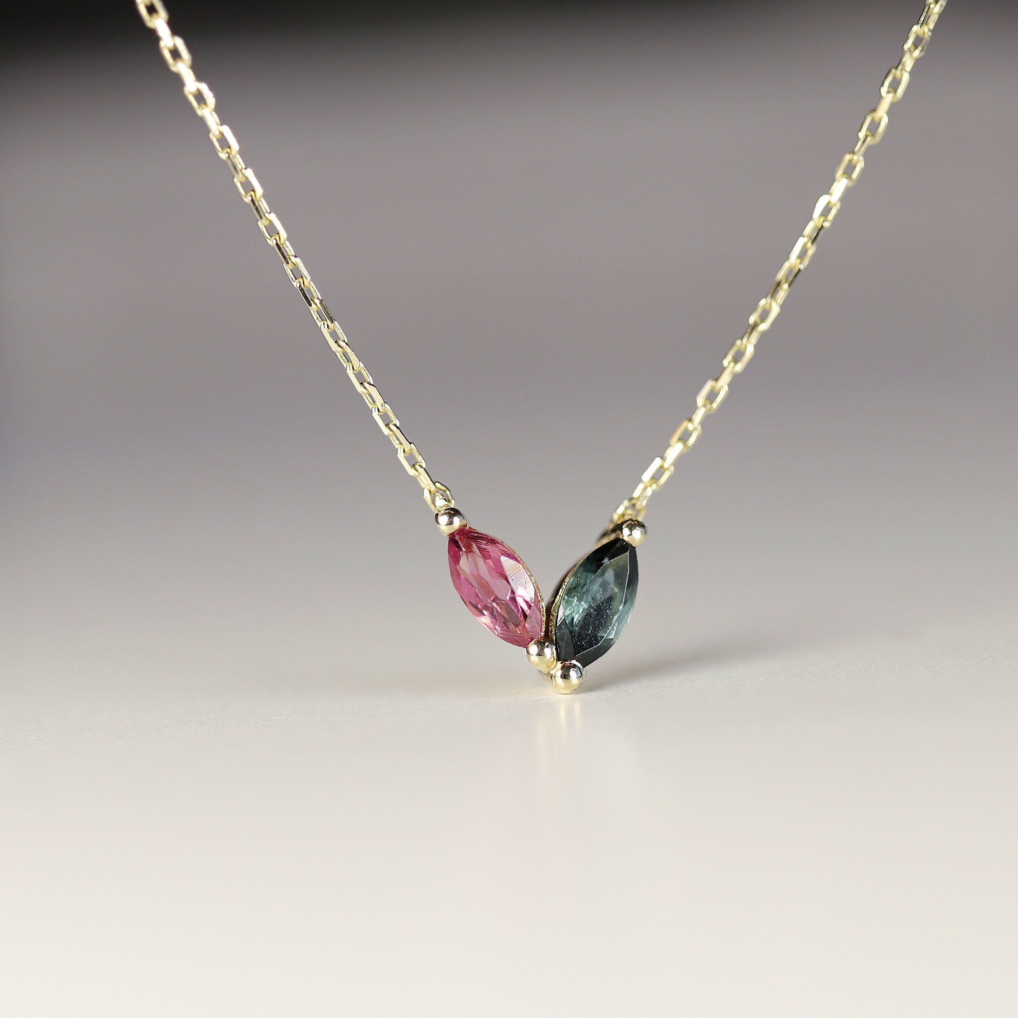 Marquise Pink Tourmaline and Green Tourmaline Necklace 14k Solid Gold