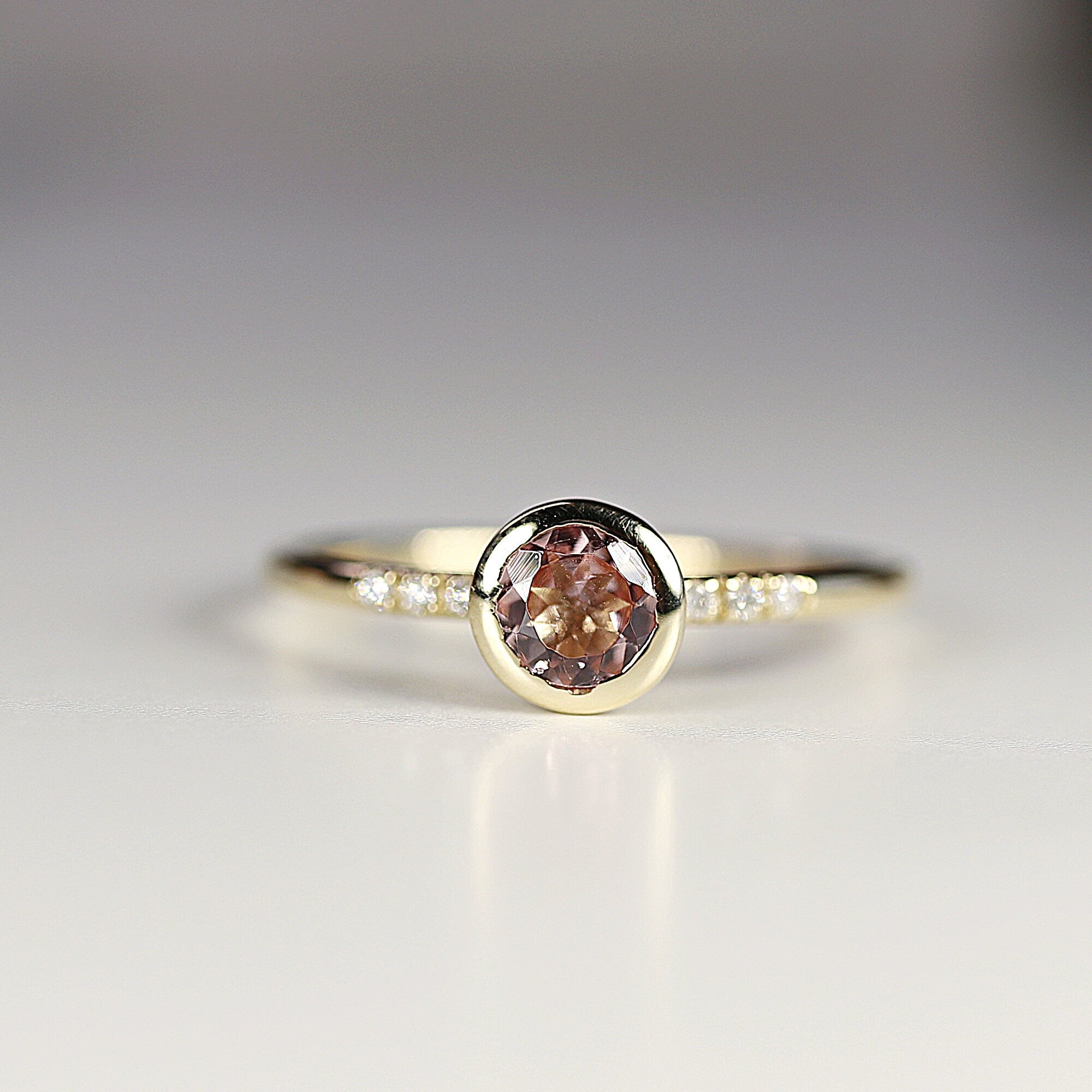 Dainty Pink Tourmaline Ring, 14k Solid Gold Blush Solitaire Ring With Diamonds