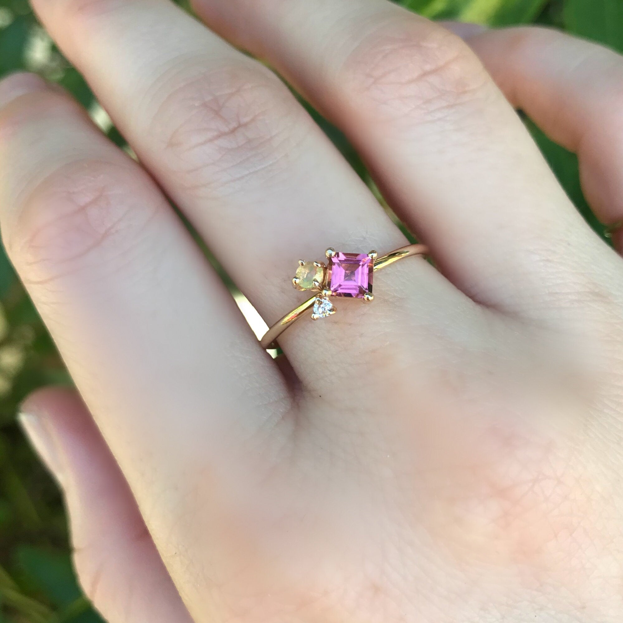 Opal, Tourmaline and Diamond Cluster Engagement Ring