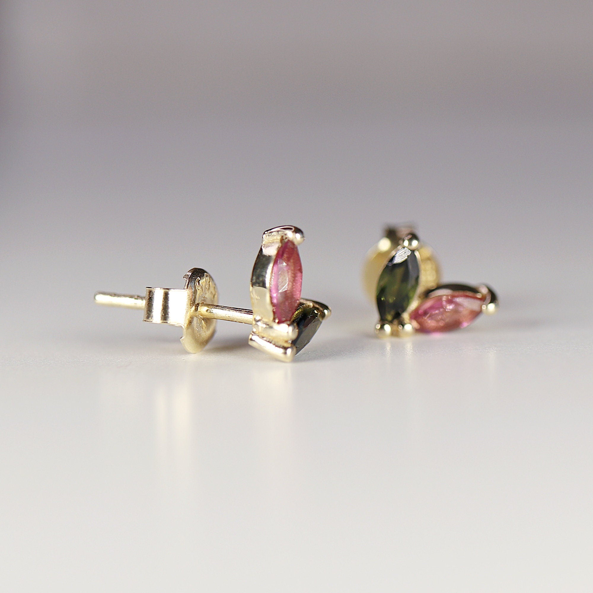 Pink Tourmaline & Green Tourmaline Earrings 14k Solid Gold