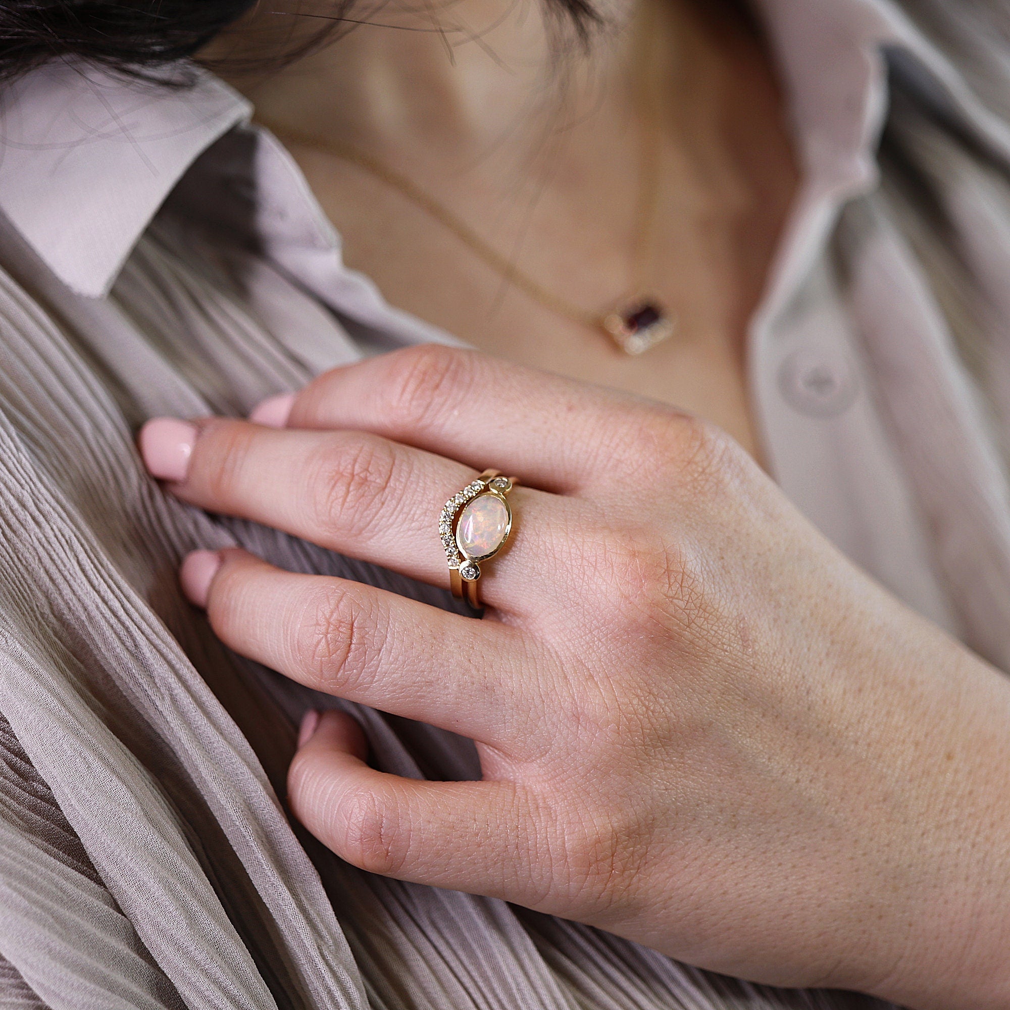 14k Gold Opal and Diamond Ring
