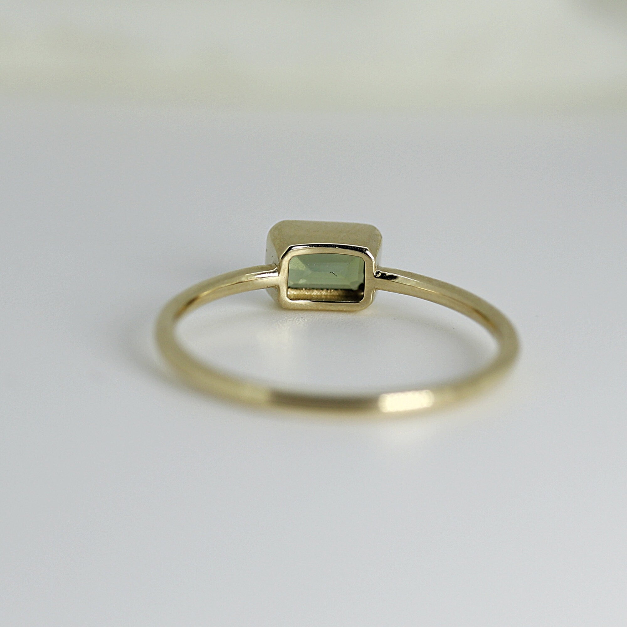 Bezel Set Green Tourmaline Ring, Emerald Cut Tourmaline Ring