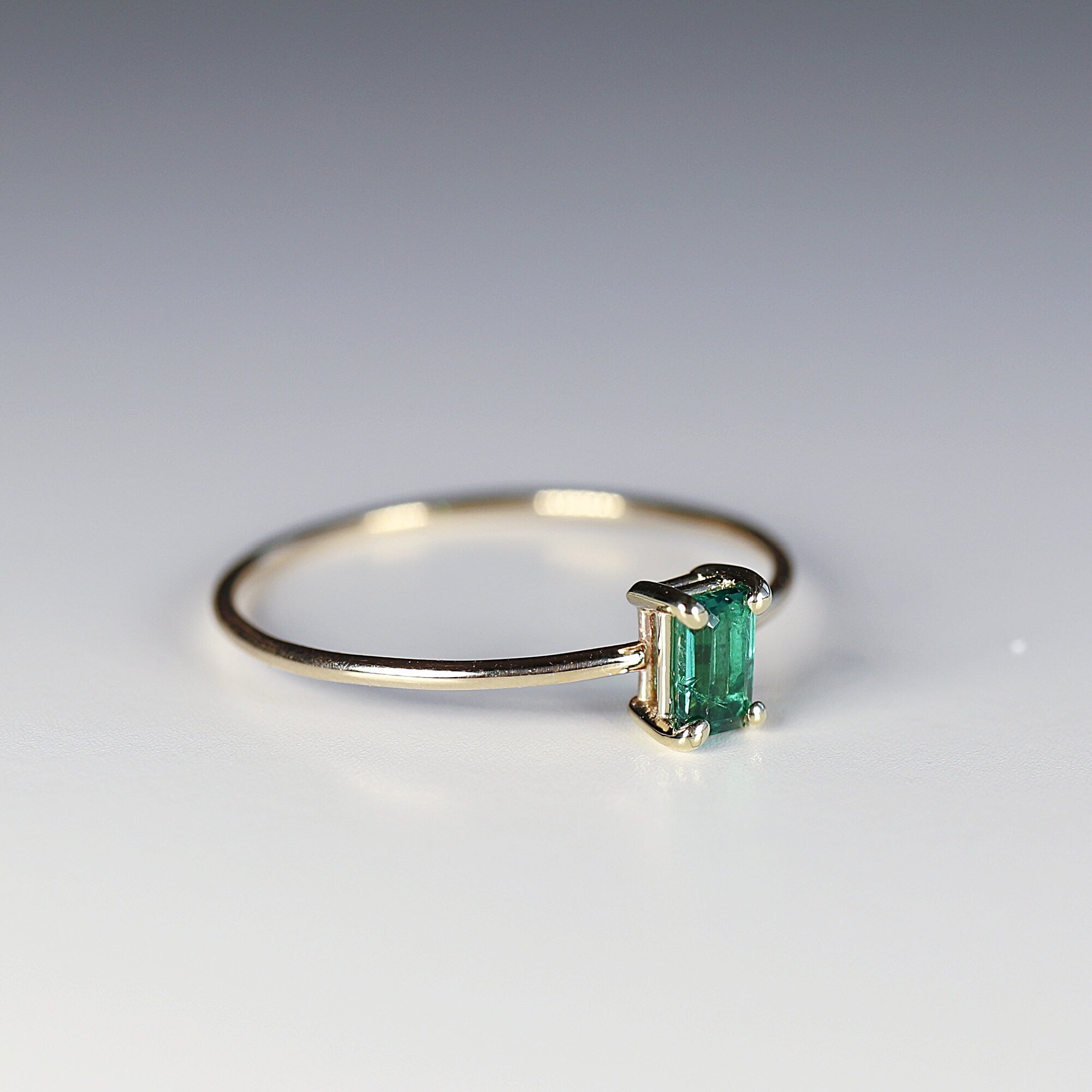 14k Gold Dainty Emerald Cut Emerald Ring