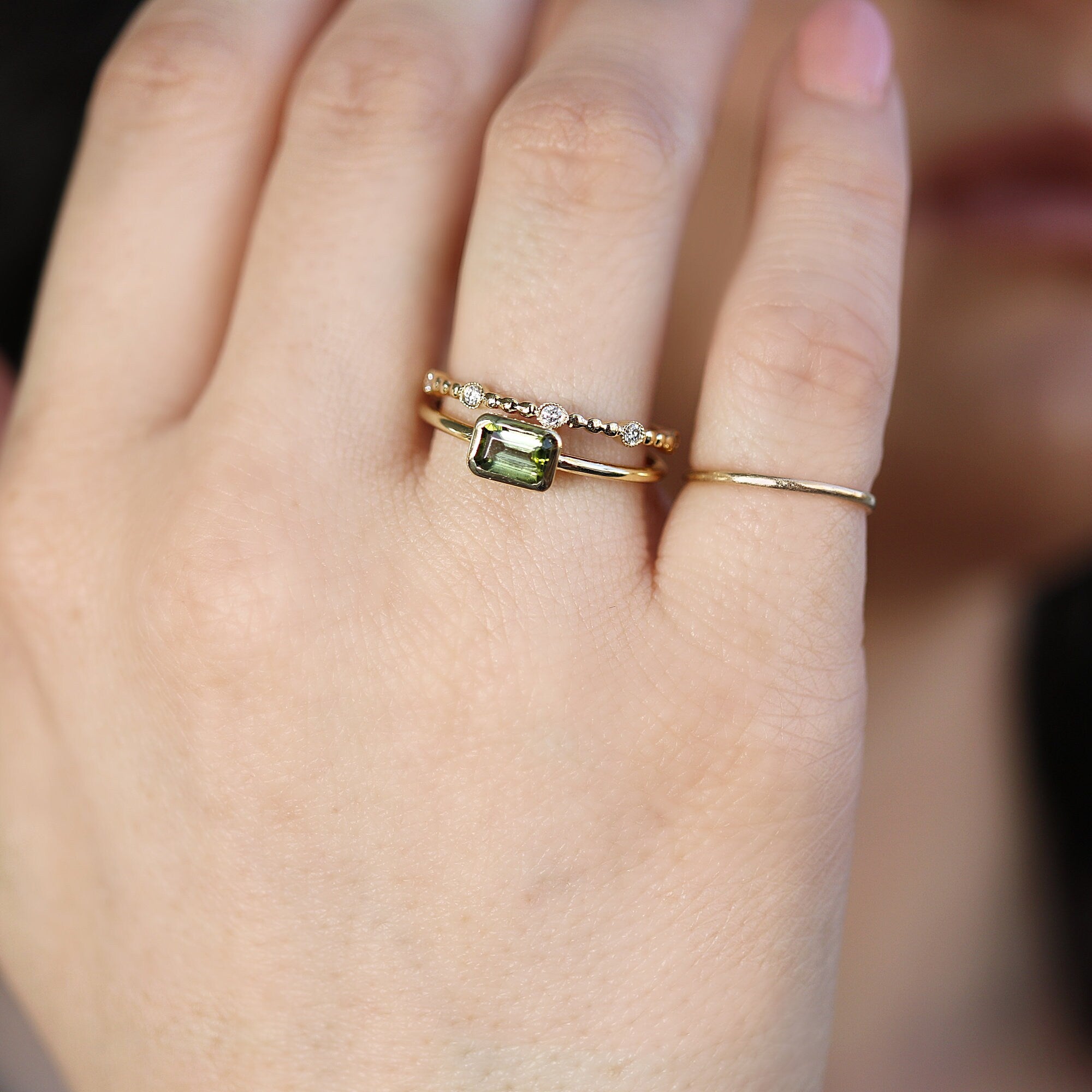 Bezel Set Green Tourmaline Ring, Emerald Cut Tourmaline Ring