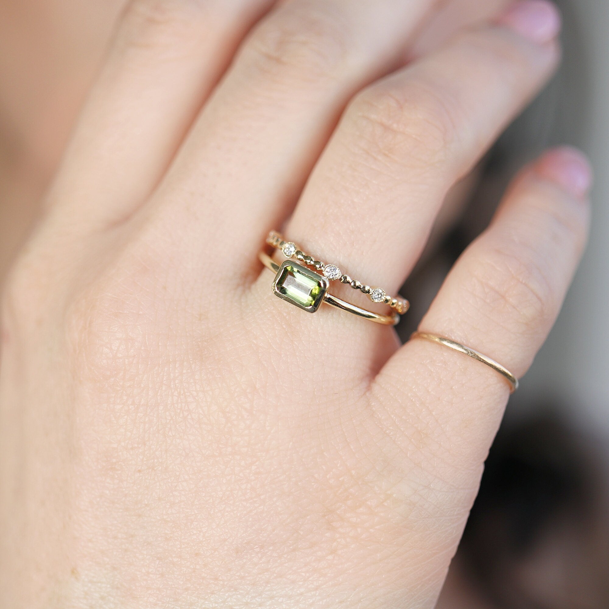 Bezel Set Green Tourmaline Ring, Emerald Cut Tourmaline Ring
