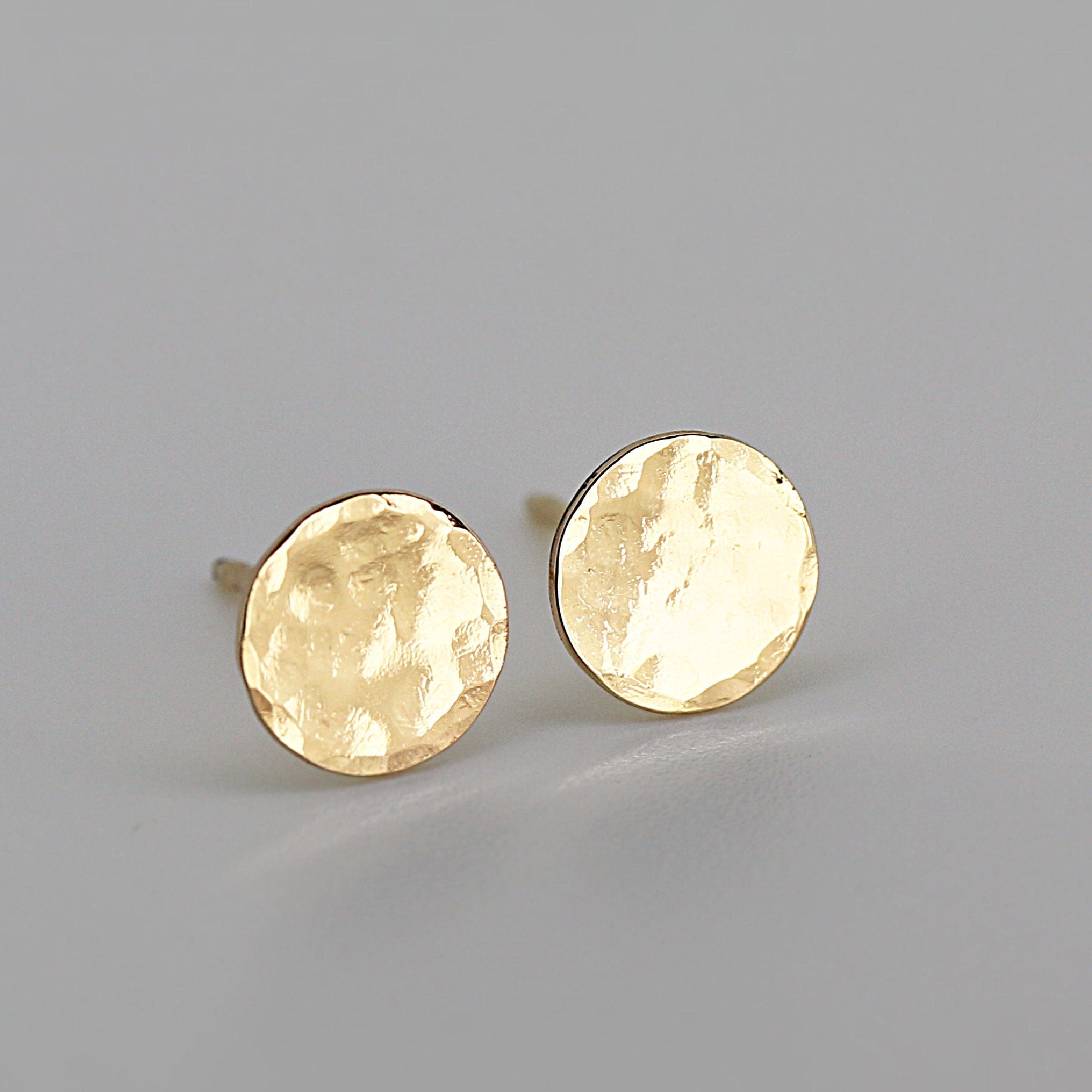 Hammered Gold Stud Earrings, 14k Solid Gold Disc Earrings