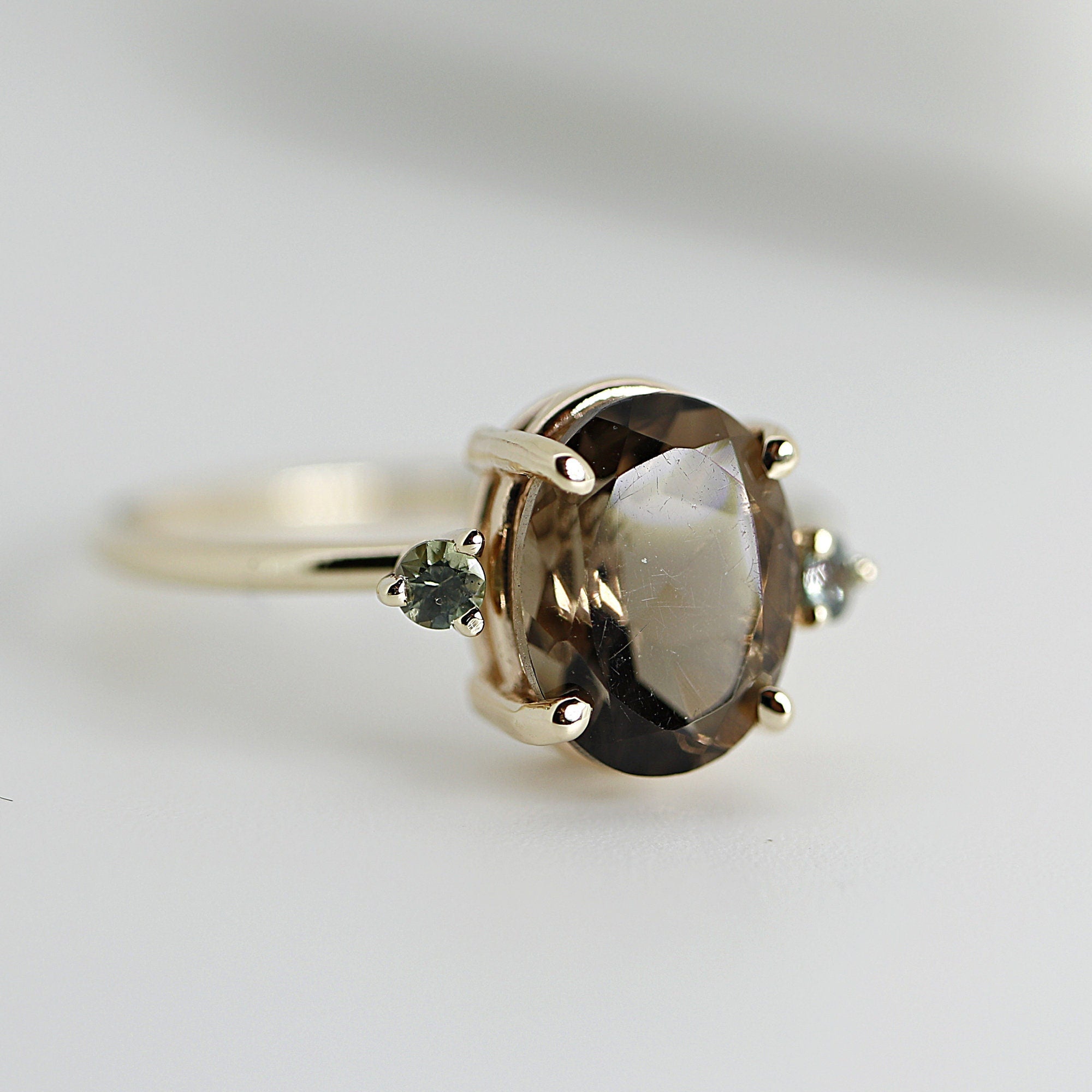 14k Gold Diamond and Oval Smokey Quartz Ring