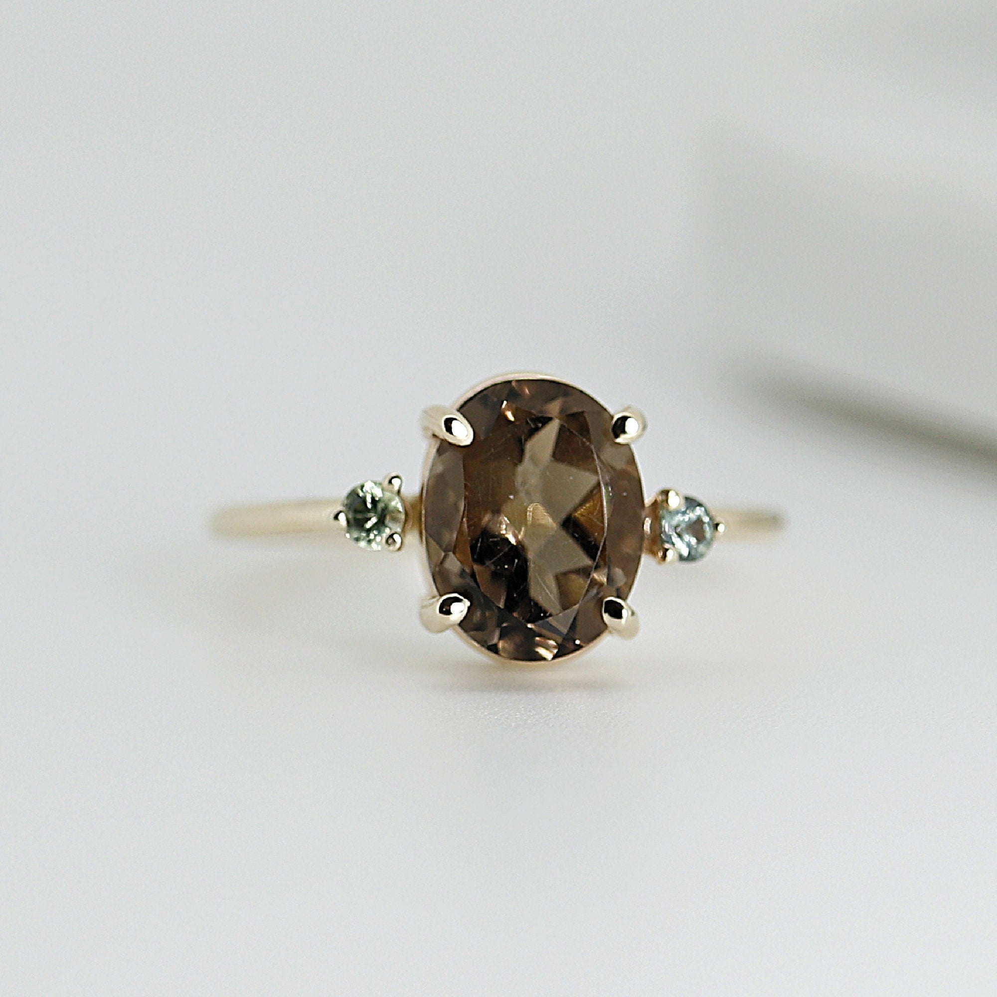 14k Gold Diamond and Oval Smokey Quartz Ring
