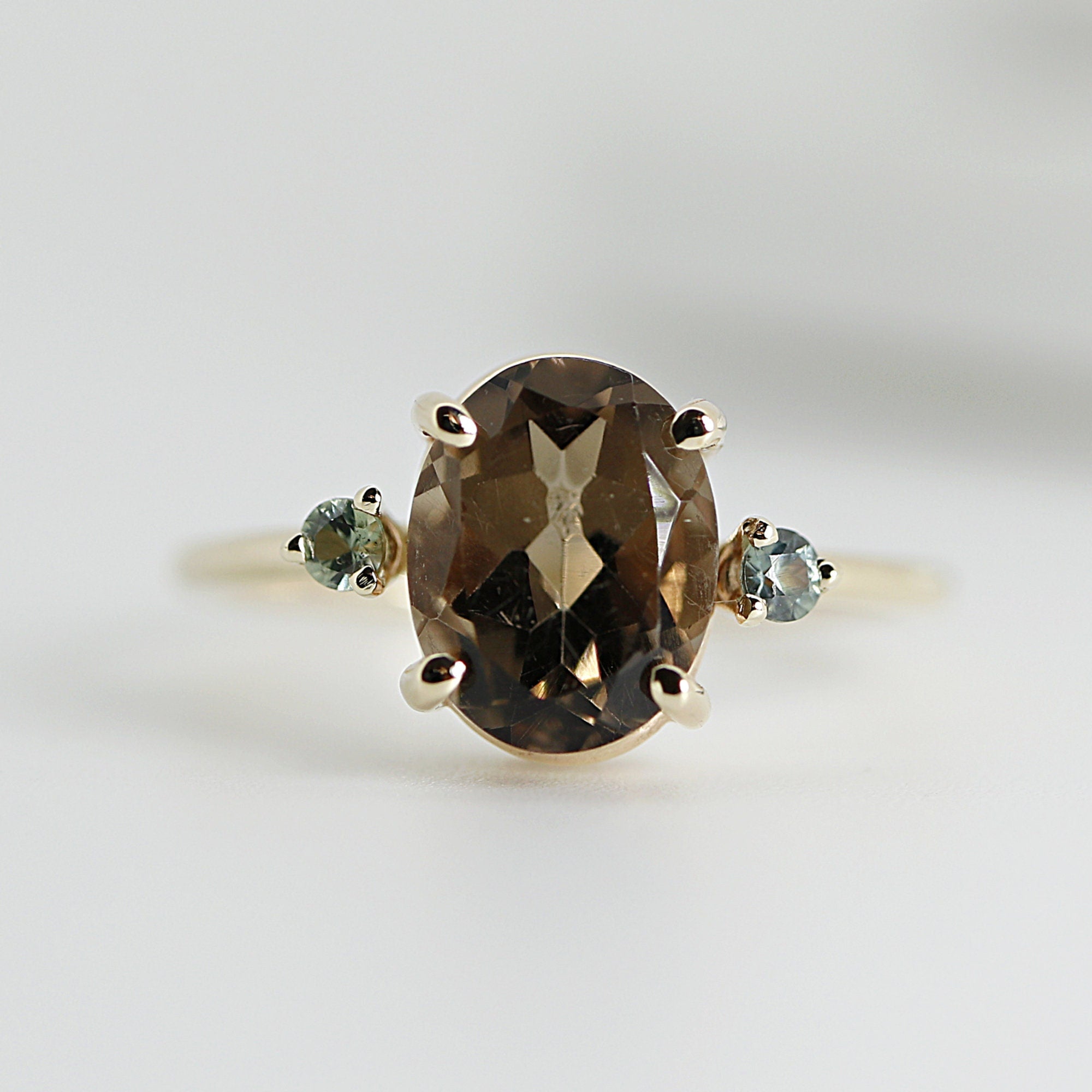 14k Gold Diamond and Oval Smokey Quartz Ring