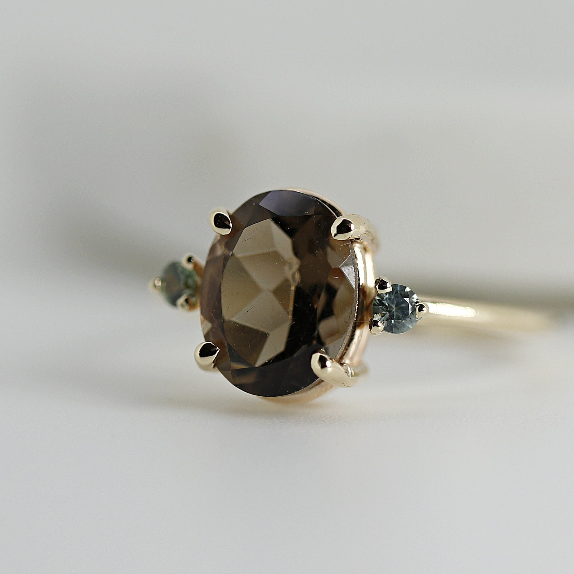 14k Gold Diamond and Oval Smokey Quartz Ring