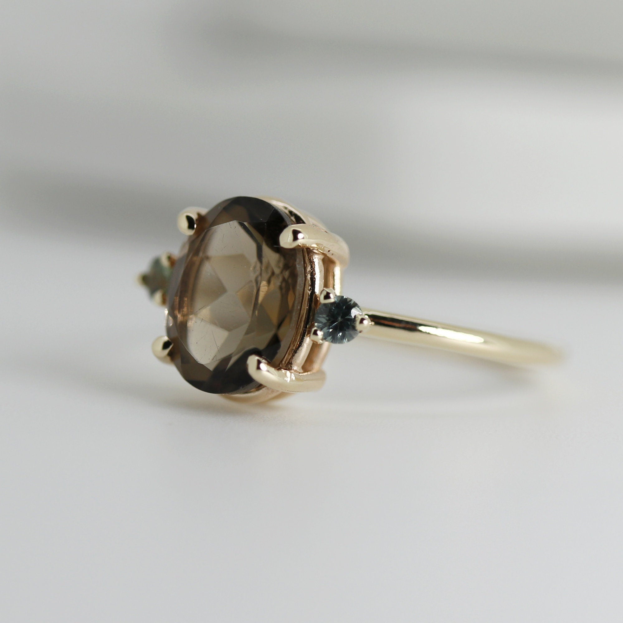 14k Gold Diamond and Oval Smokey Quartz Ring