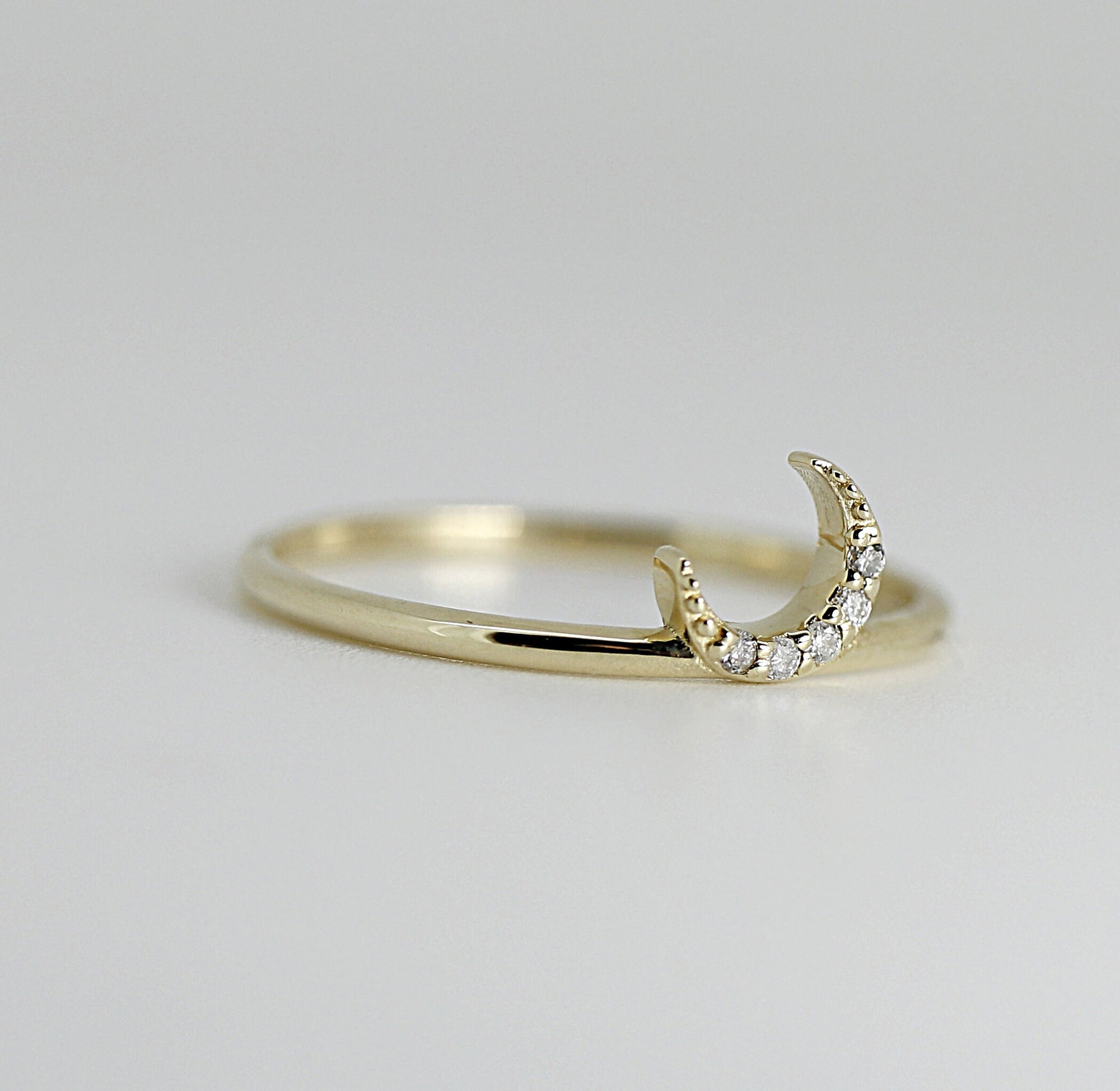 Genuine Diamond Crescent Moon Ring, Moon Ring in 14k Gold