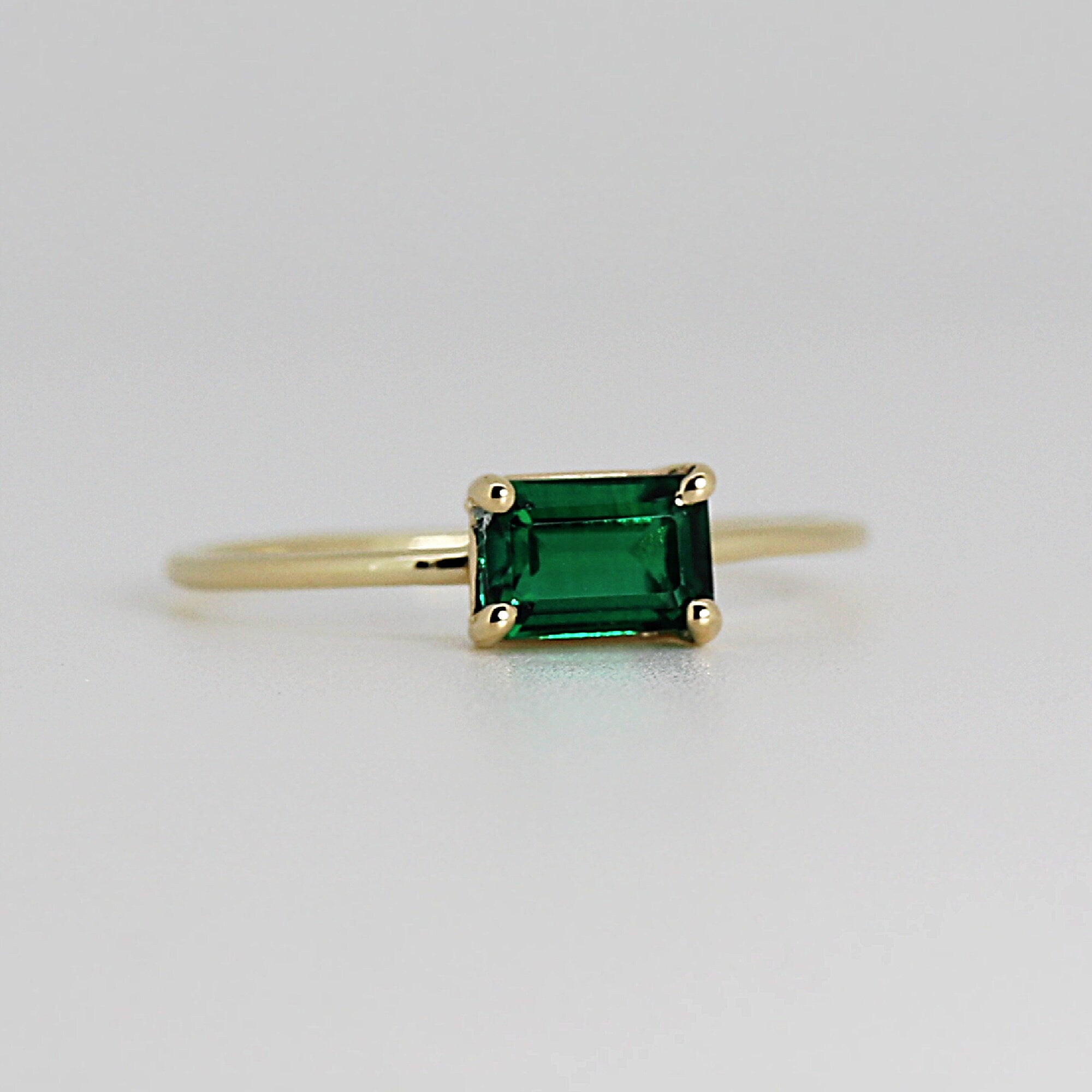 East West Emerald Cut Emerald Ring 14k Solid Gold
