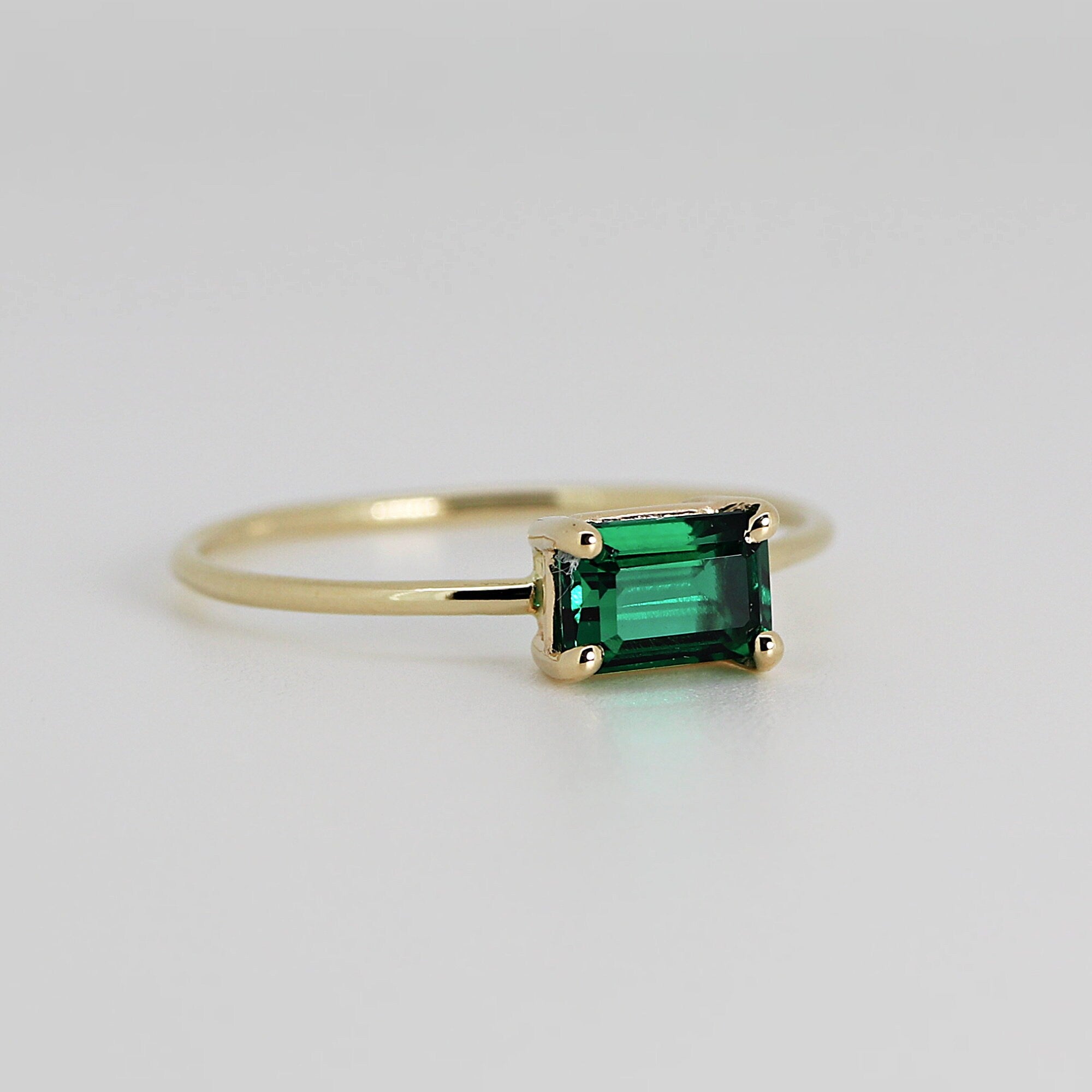 East West Emerald Cut Emerald Ring 14k Solid Gold