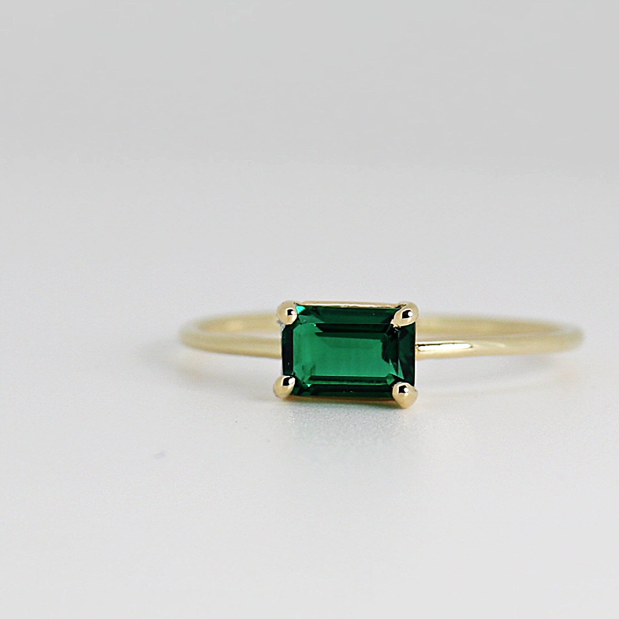 East West Emerald Cut Emerald Ring 14k Solid Gold