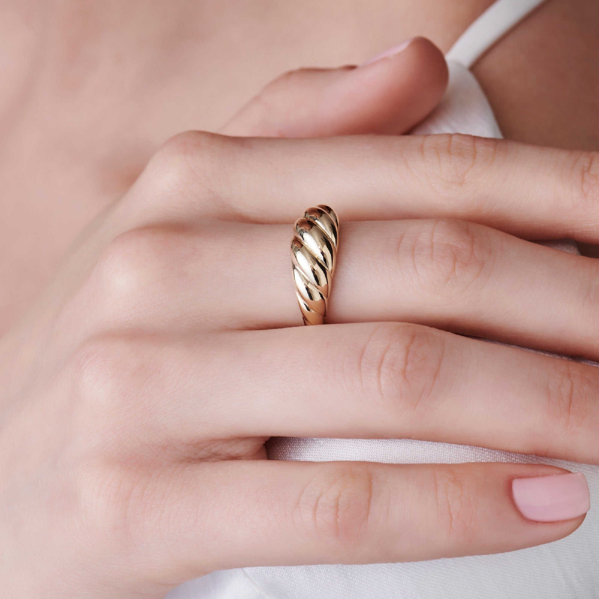 14k Solid Gold Croissant Ring, Chunky Dome Ring