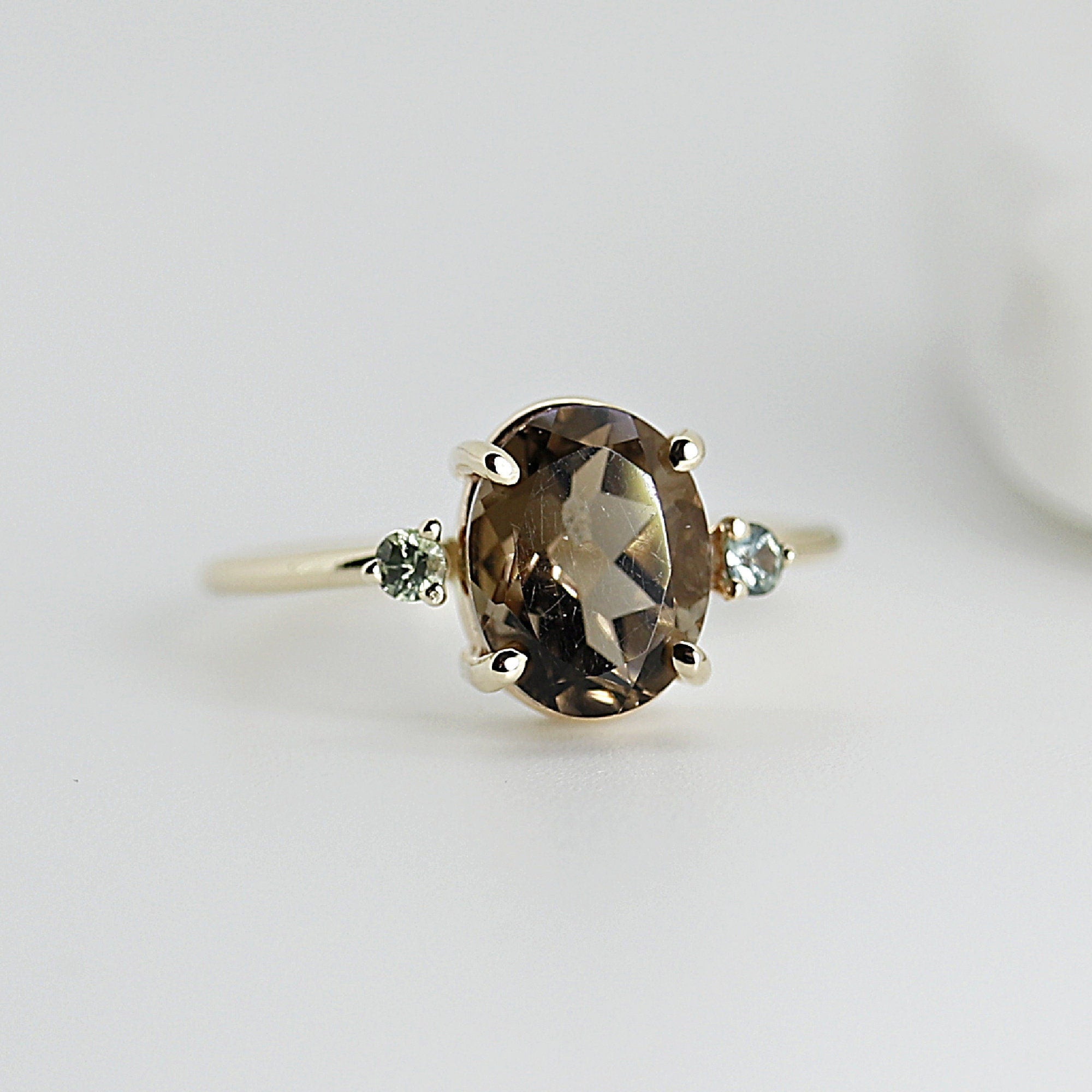 14k Gold Diamond and Oval Smokey Quartz Ring