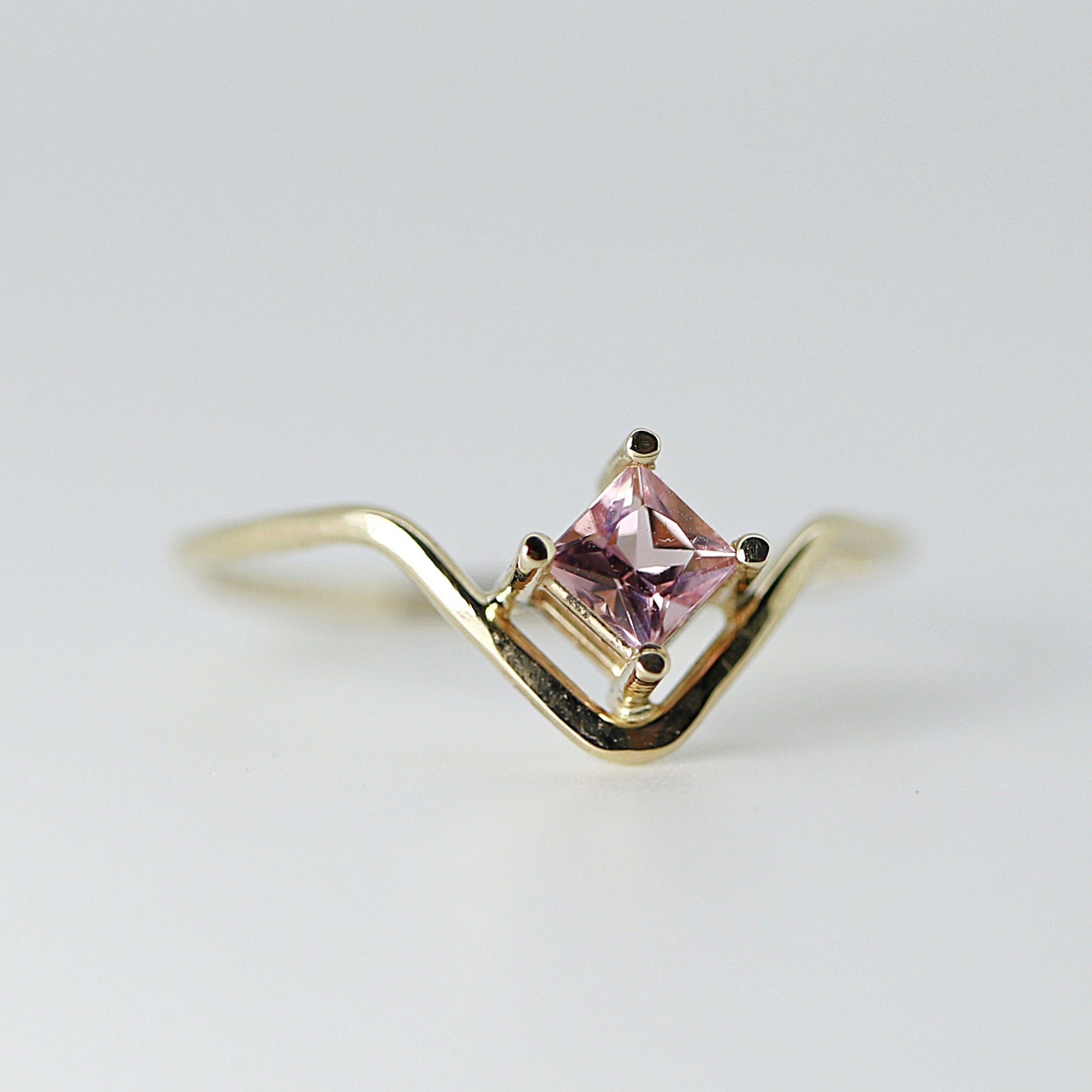 Princess Tourmaline Ring, V Ring w Gemstone Pink Tourmaline Ring 14k Gold